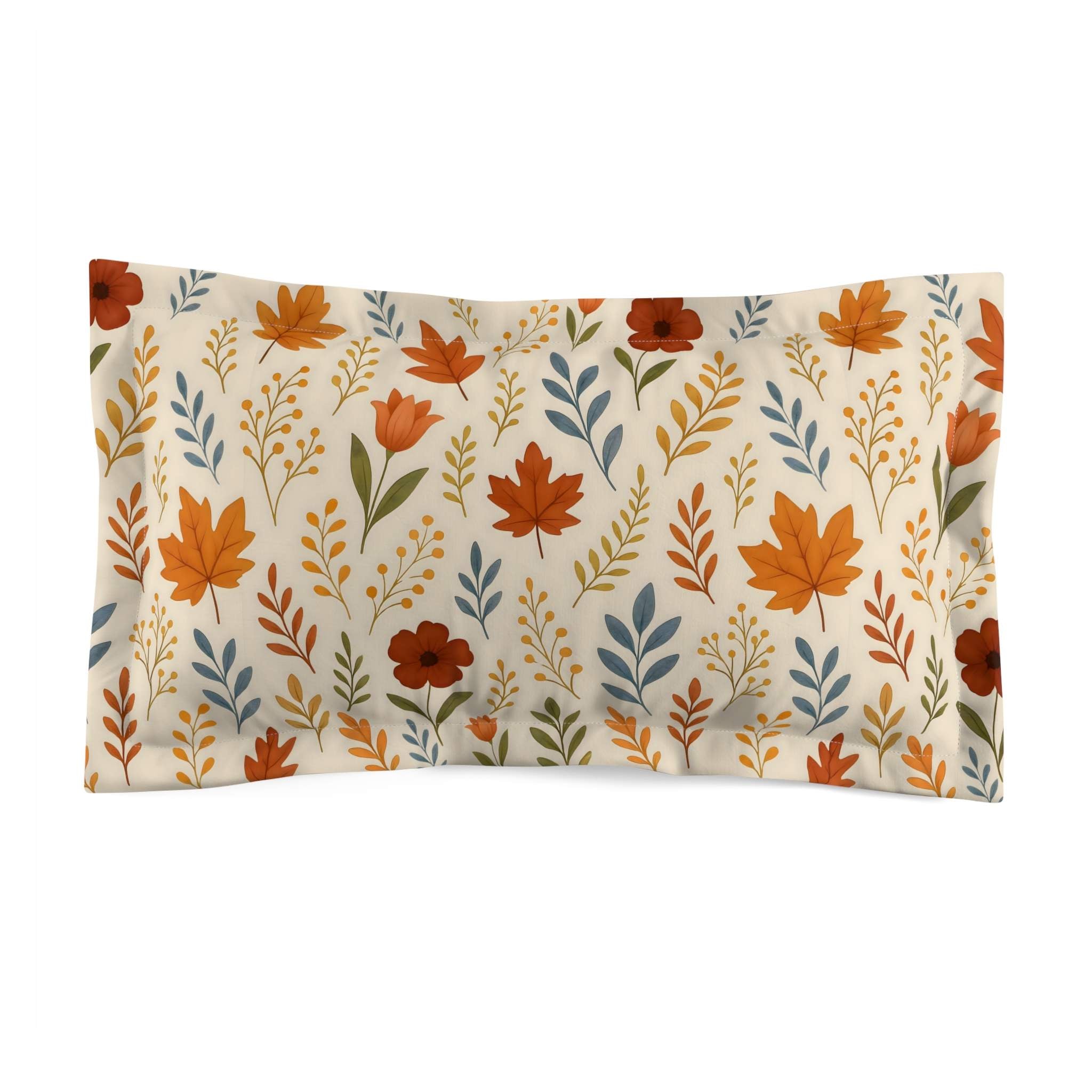 Floral patterned fabric with autumn leaves and flowers on a white background