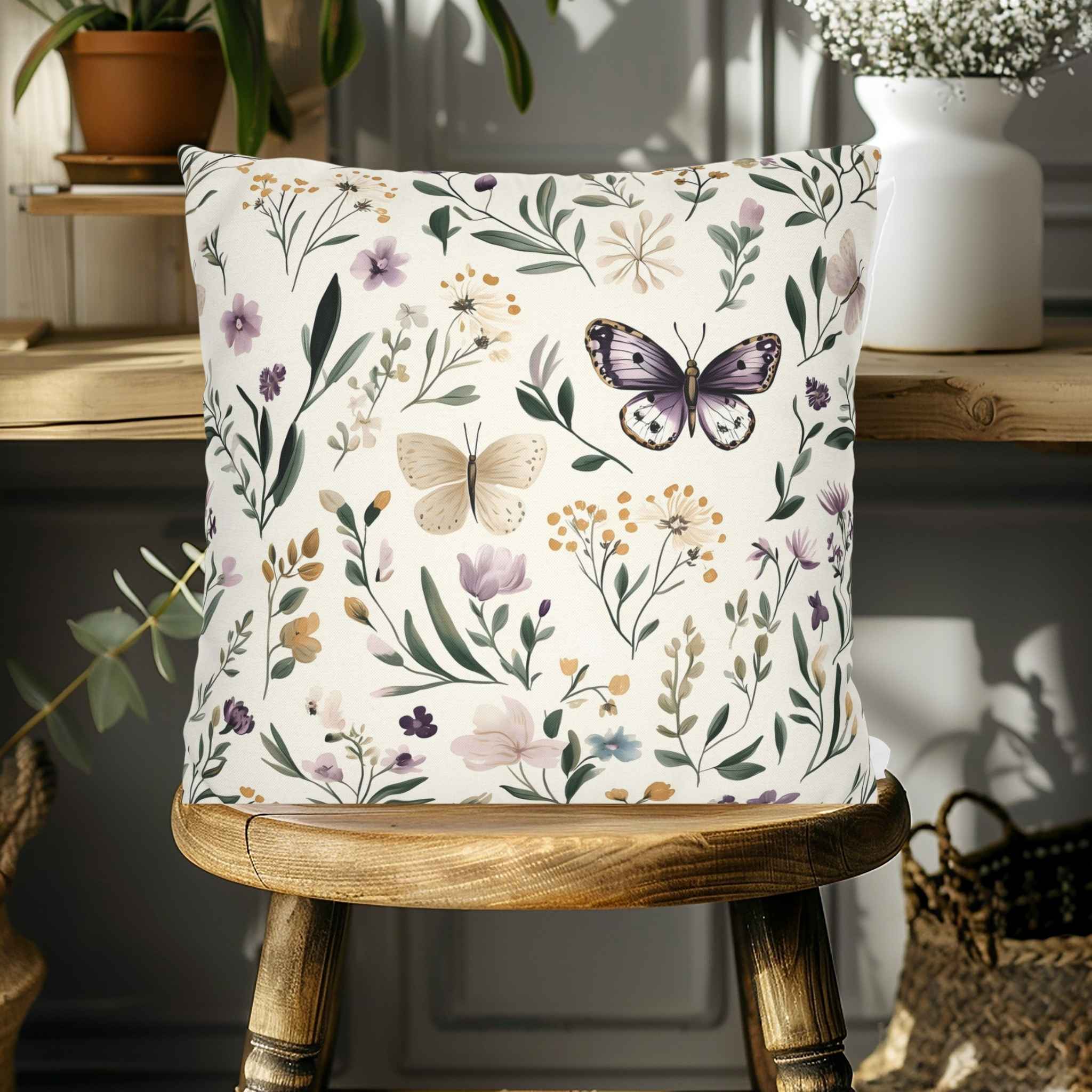 Boho Floral Throw Pillow – Butterfly Decor | Meadow Wings