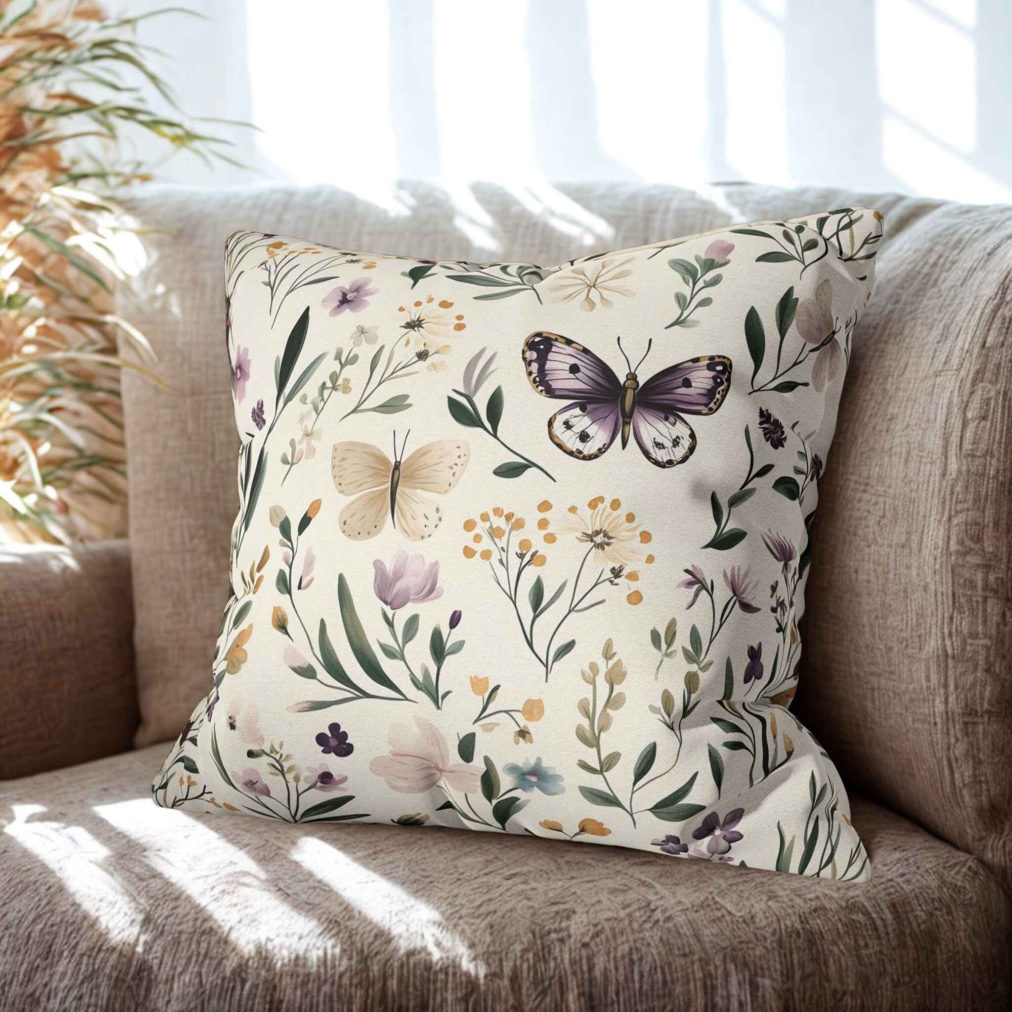 Boho Floral Throw Pillow – Butterfly Decor | Meadow Wings