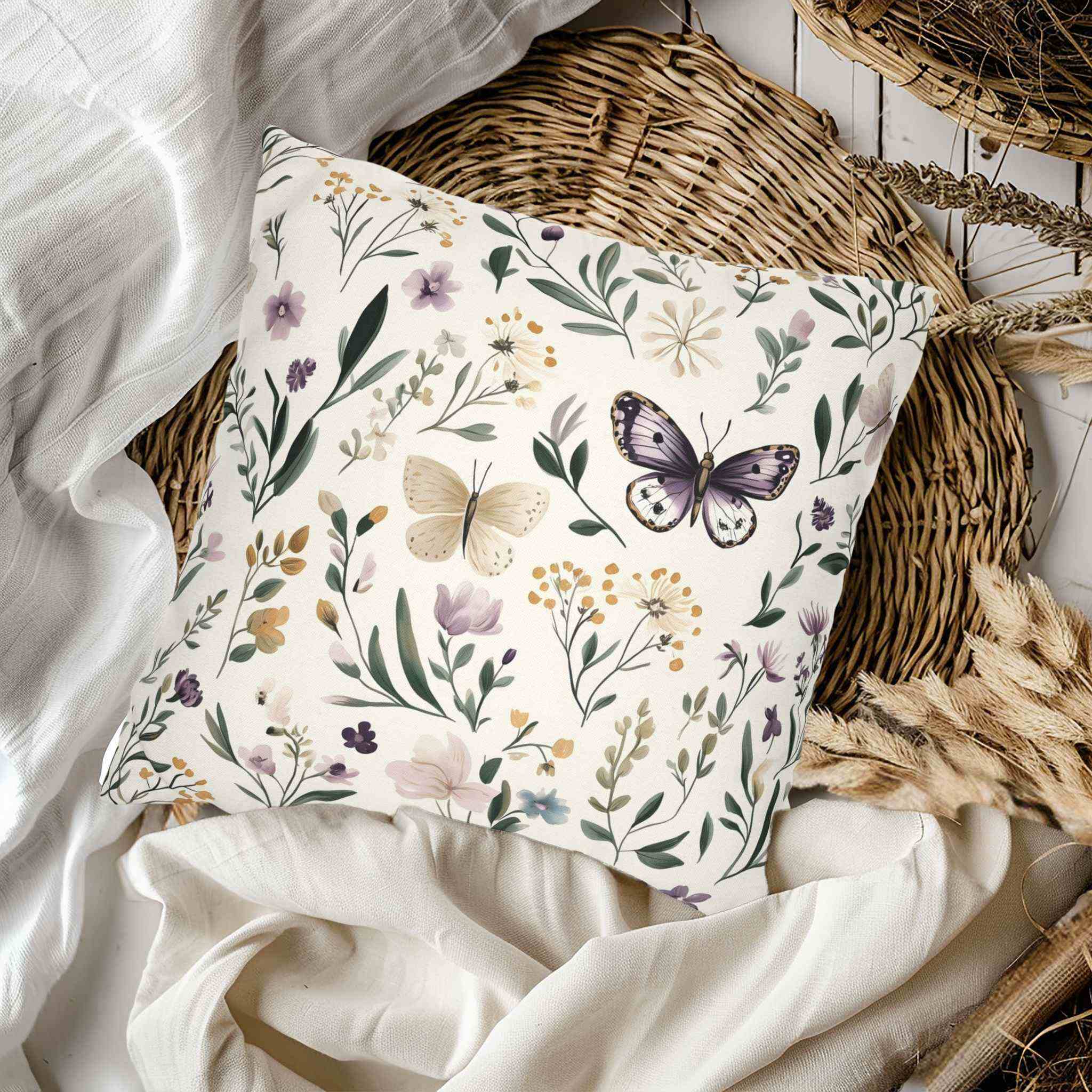 Boho Floral Throw Pillow – Butterfly Decor | Meadow Wings