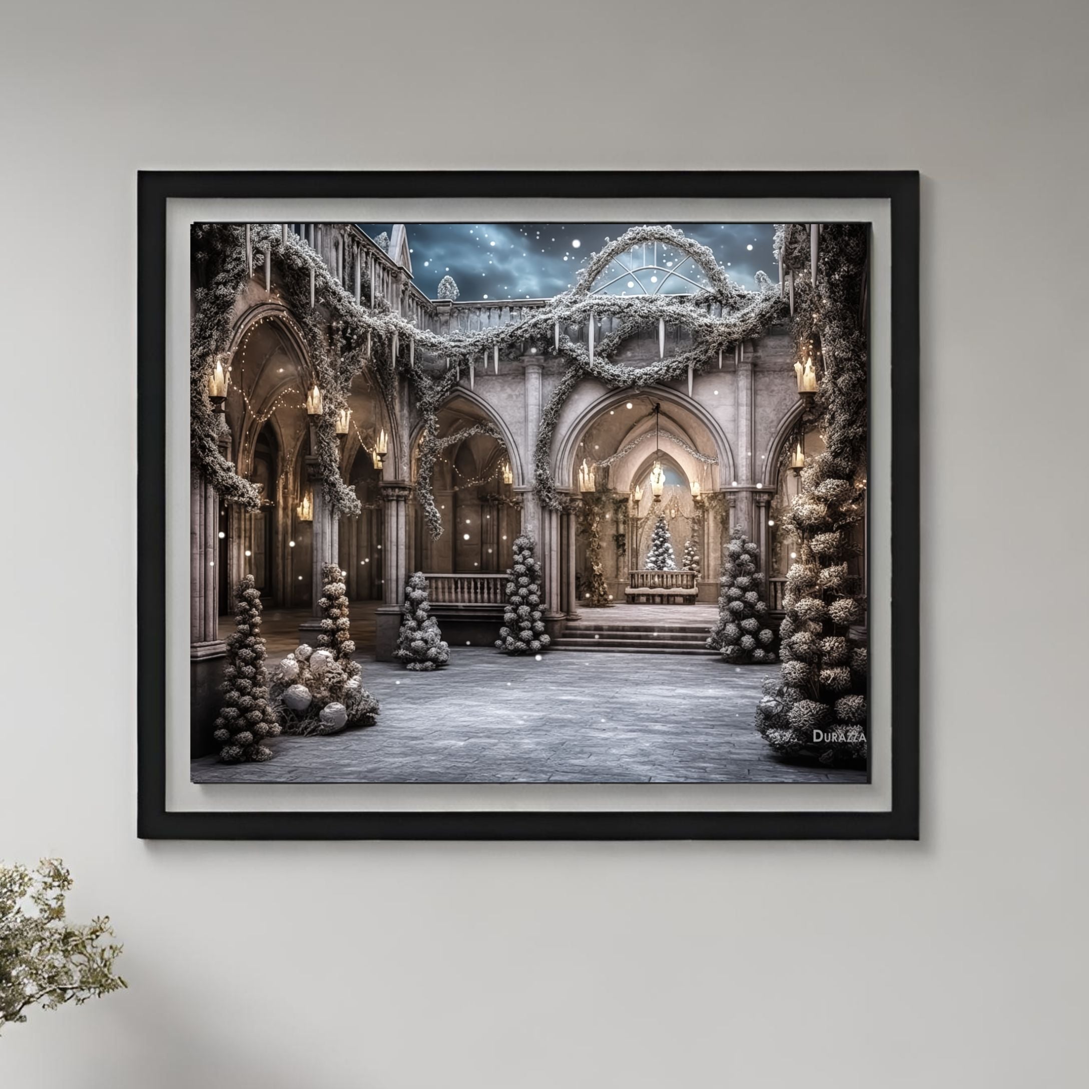 White Medieval Courtyard Satin Art Print