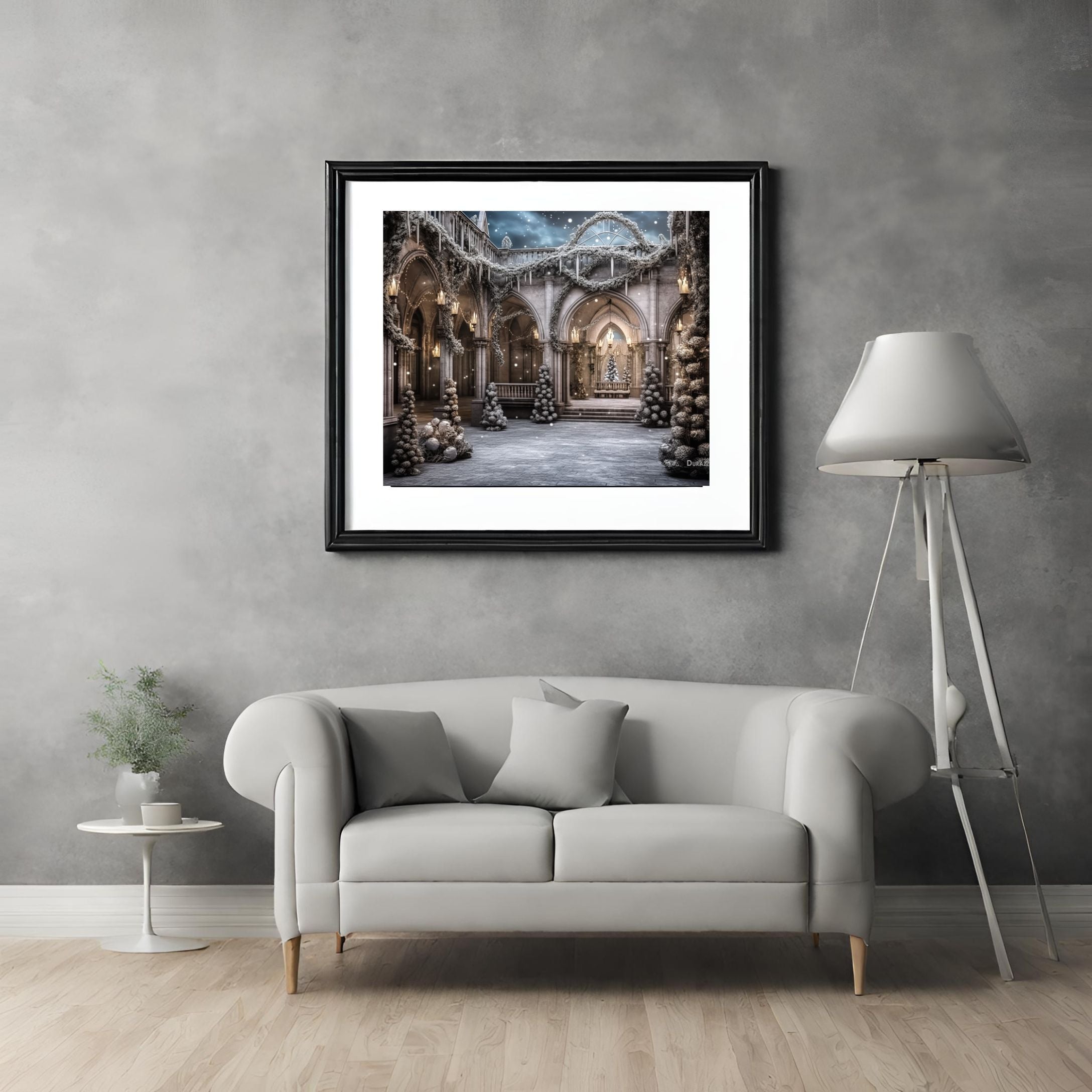 White Medieval Courtyard Satin Art Print