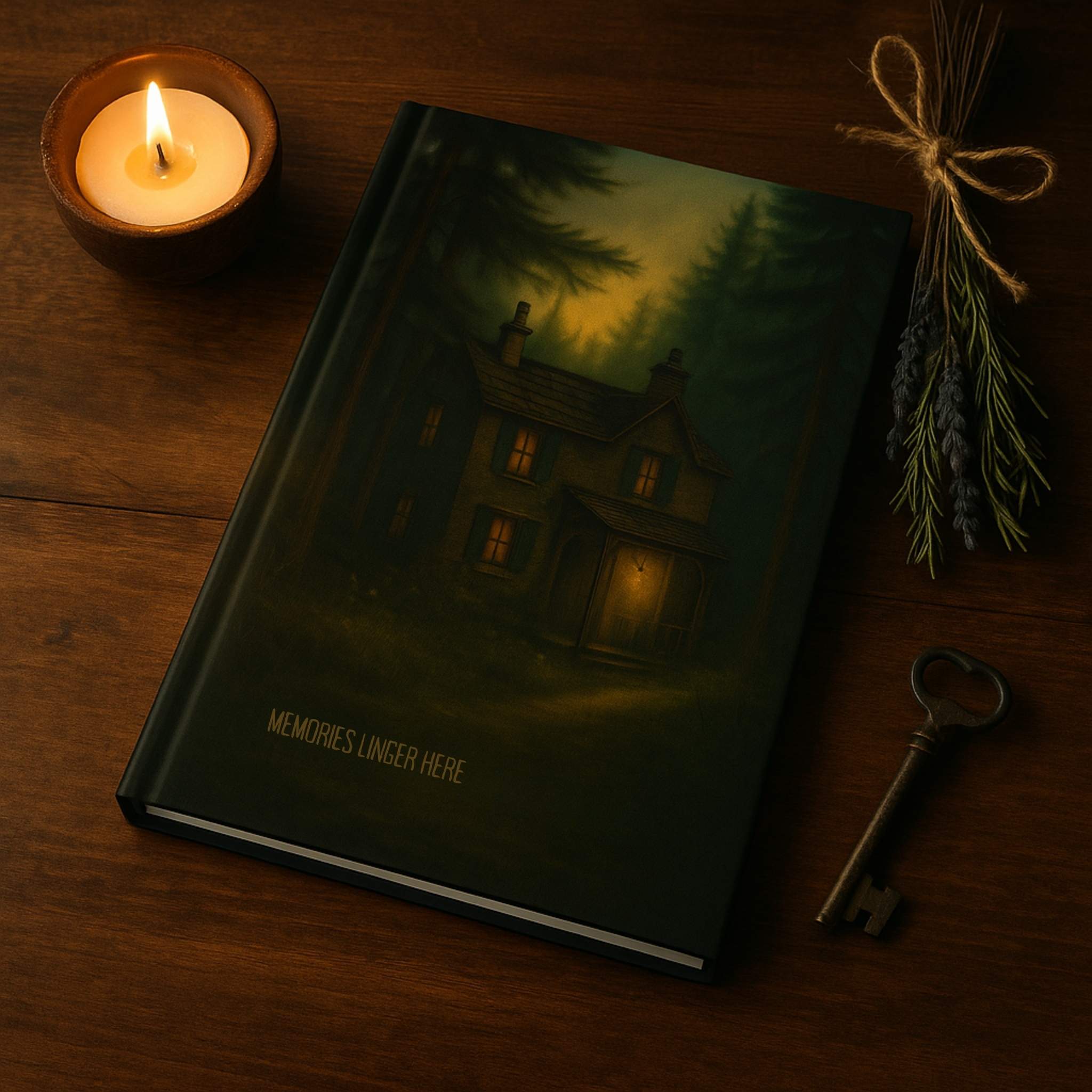 Journal with house illustration, lit candle, key, and lavender on a wooden surface