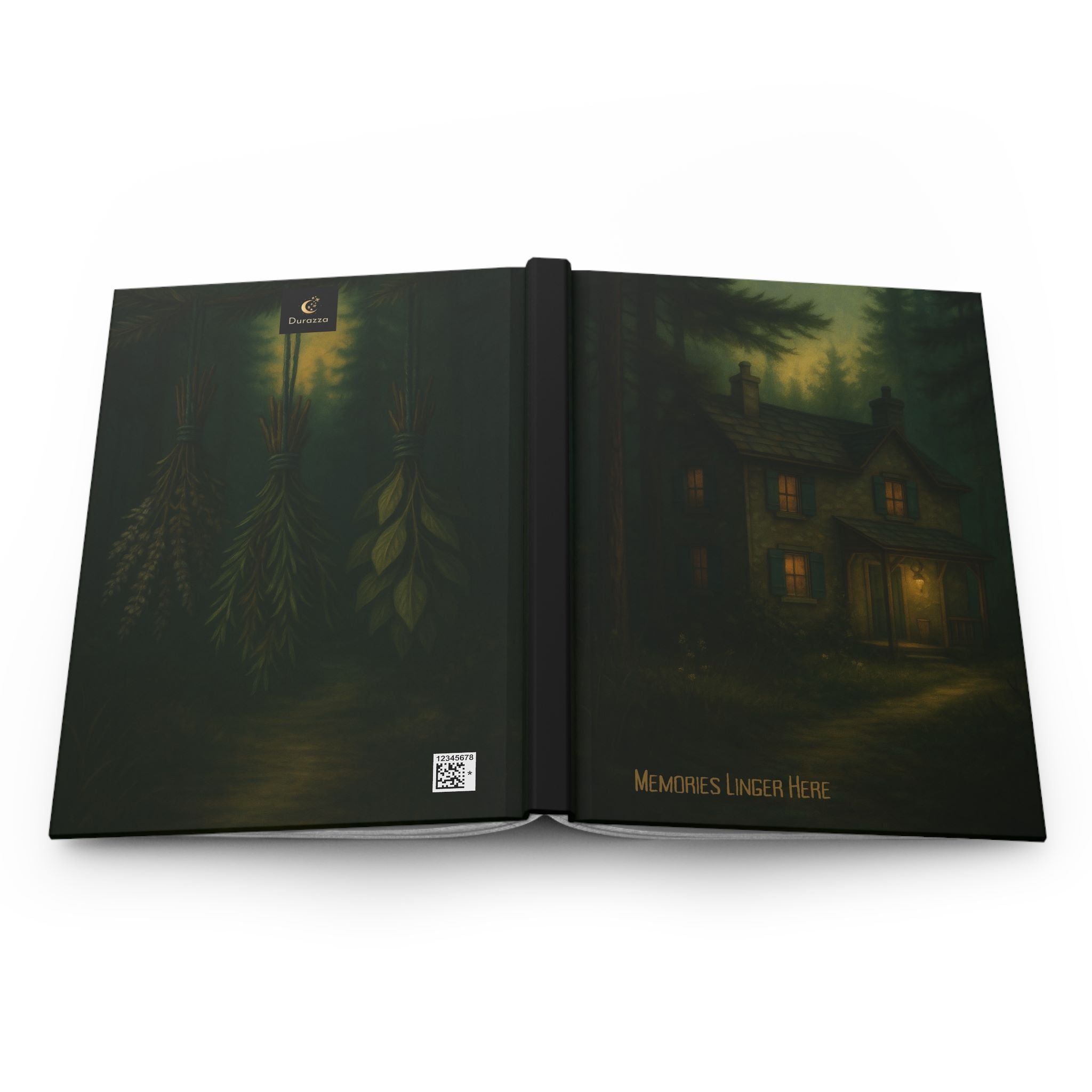 Open book with a dark cover featuring a house and trees, with 'Memories Linger Here' text.