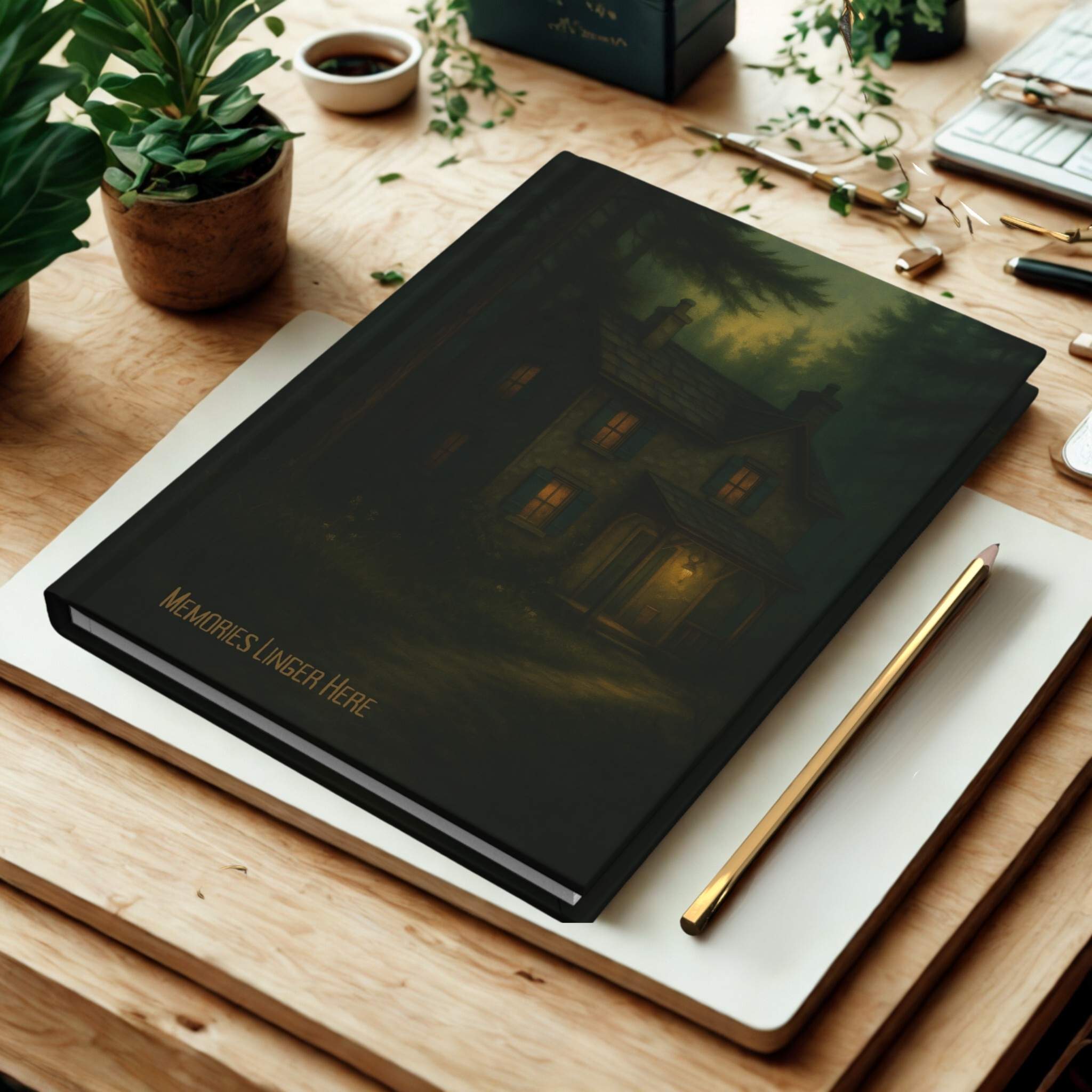 Dark hardcover journal with a house illustration on a wooden desk with a pen and plant.