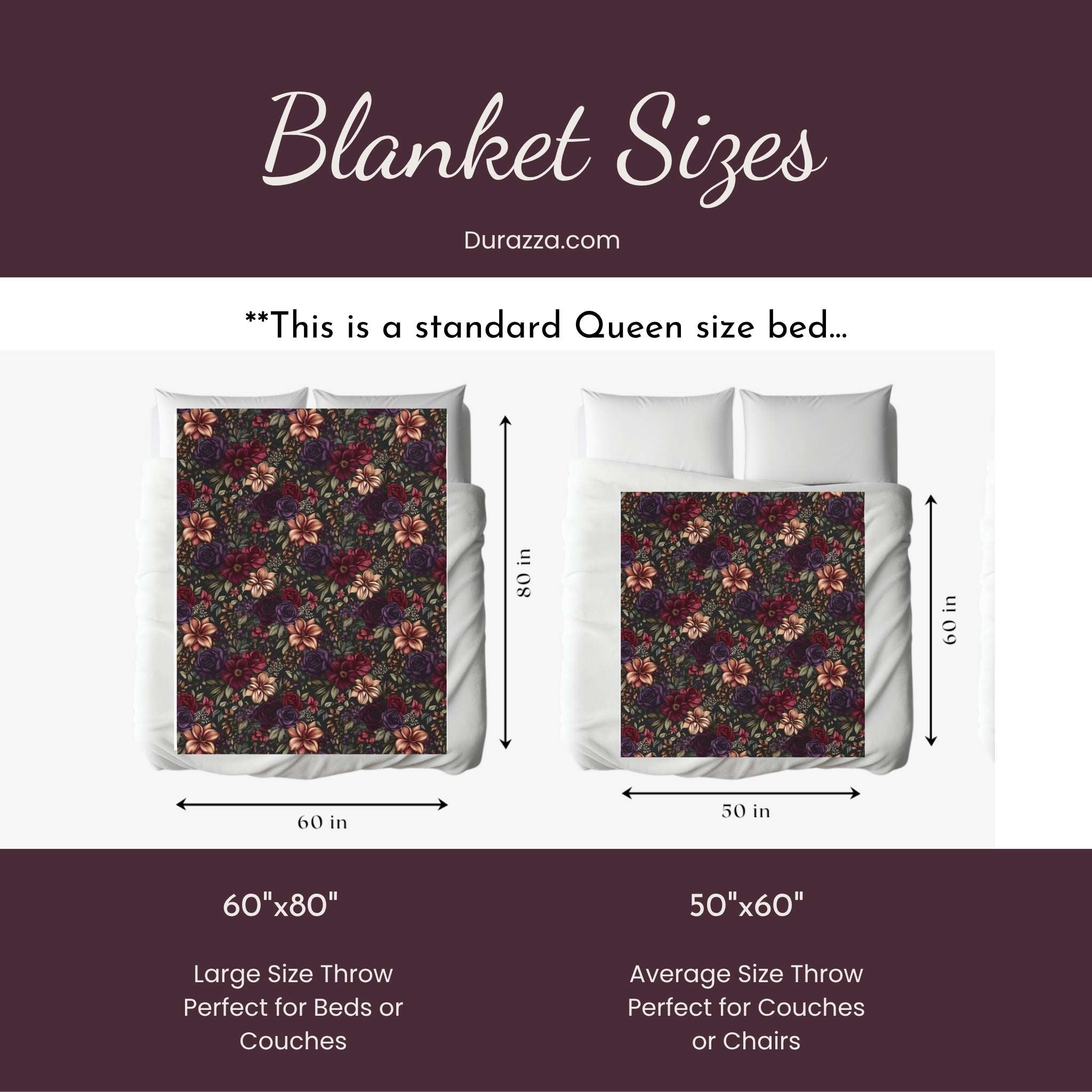 Measurement chart for blanket sizes with floral patterns on a white background