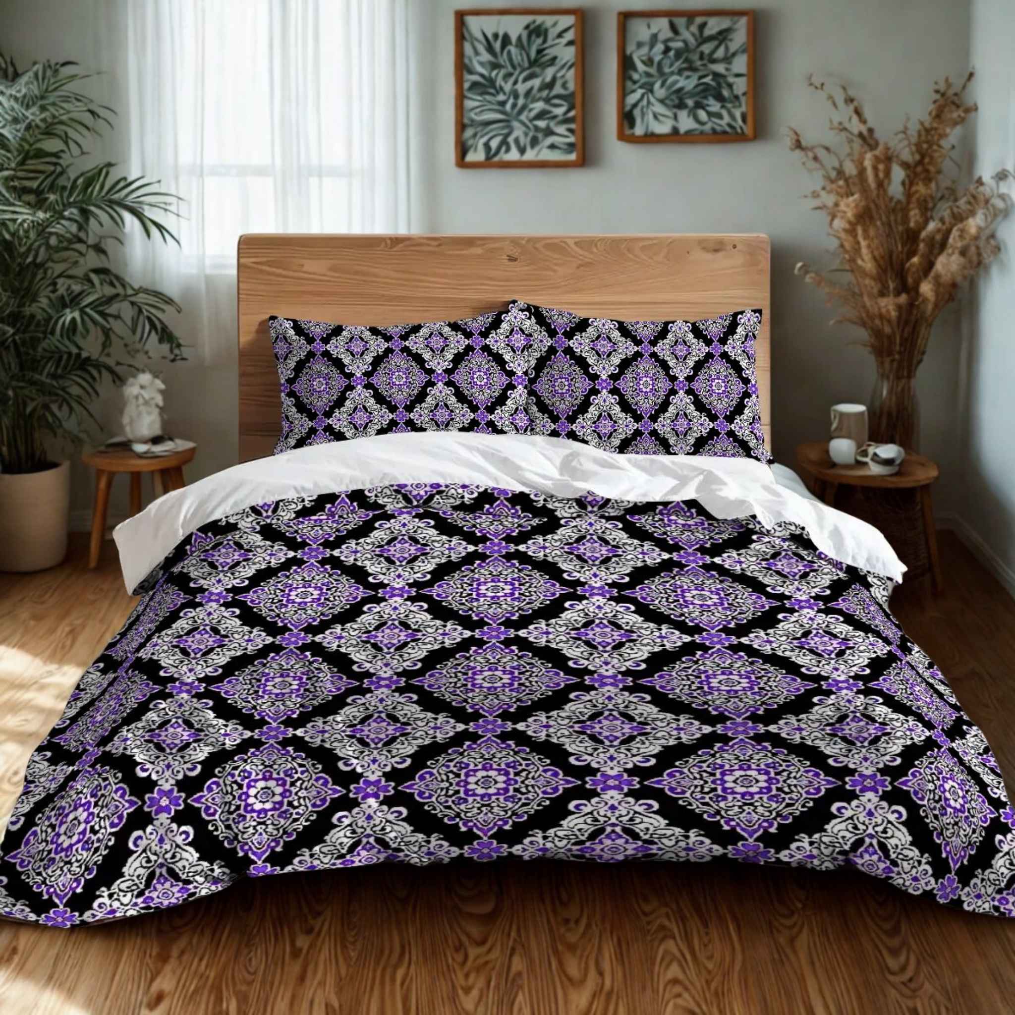 Purple & White Damask Duvet Cover Set | Midnight Majesty