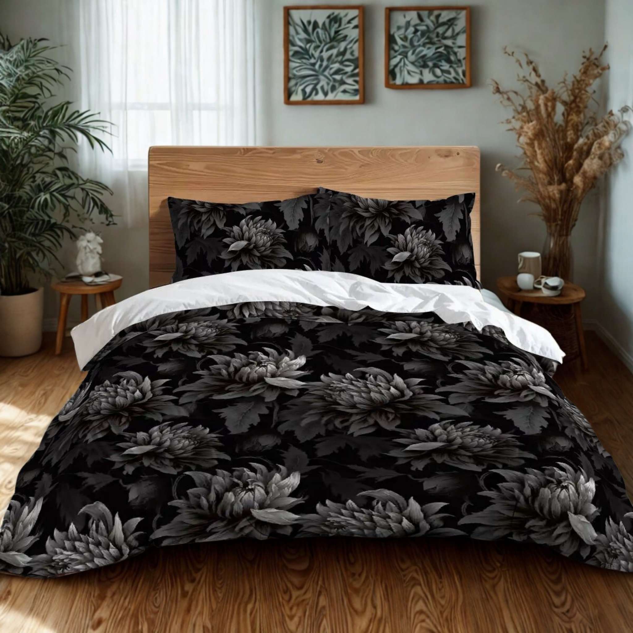 A bedroom setting showcasing a Midnight Black Dahlia duvet cover with pillow shams, featuring a dark floral pattern, placed on a bed with a wooden headboard, alongside decorative pillows and houseplants.