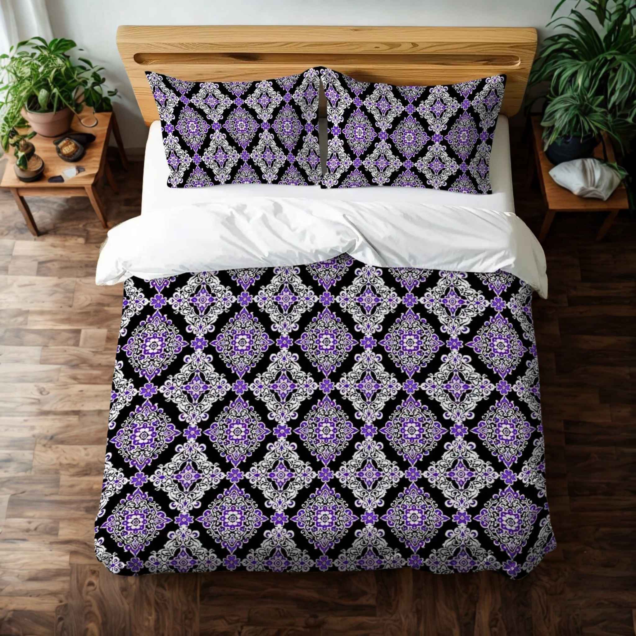 Purple & White Damask Duvet Cover Set | Midnight Majesty