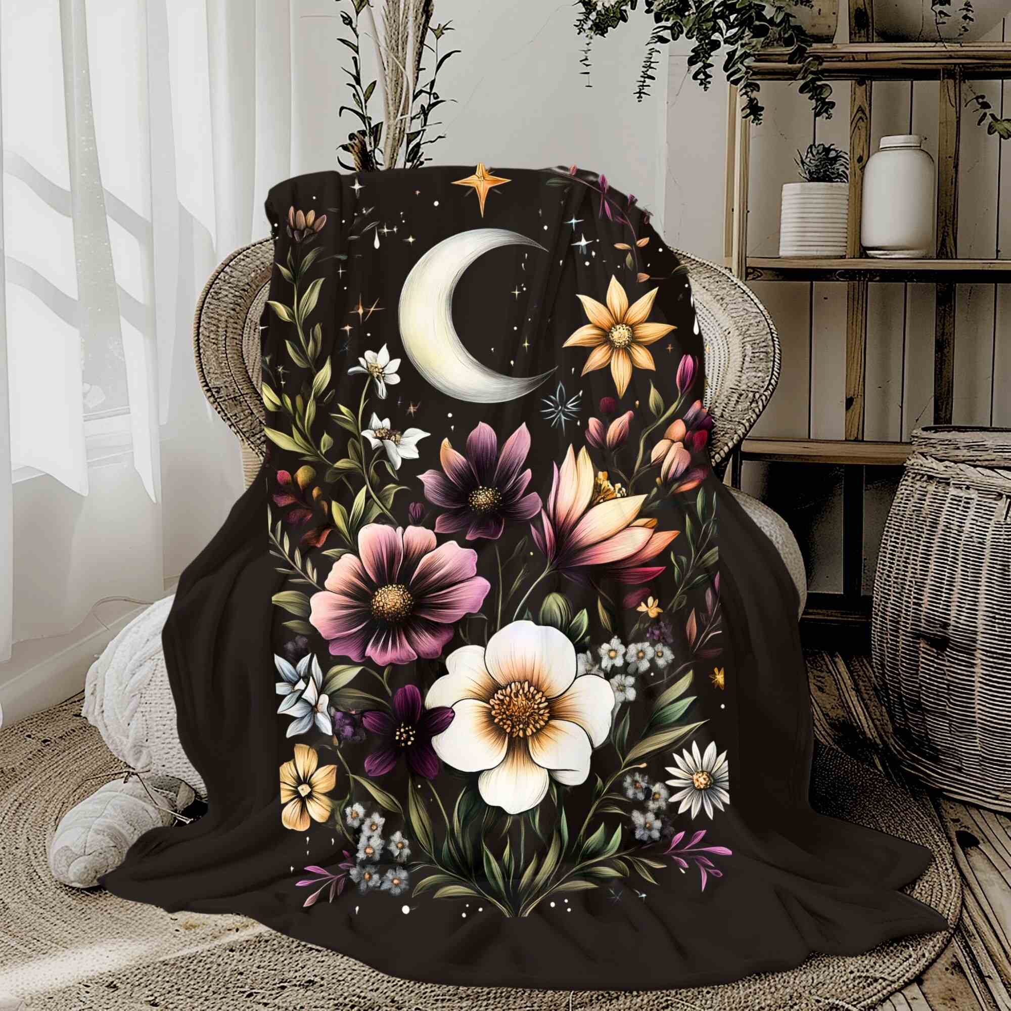 Moonflowers Cottagecore Throw Blanket: Bohemian Home Decor