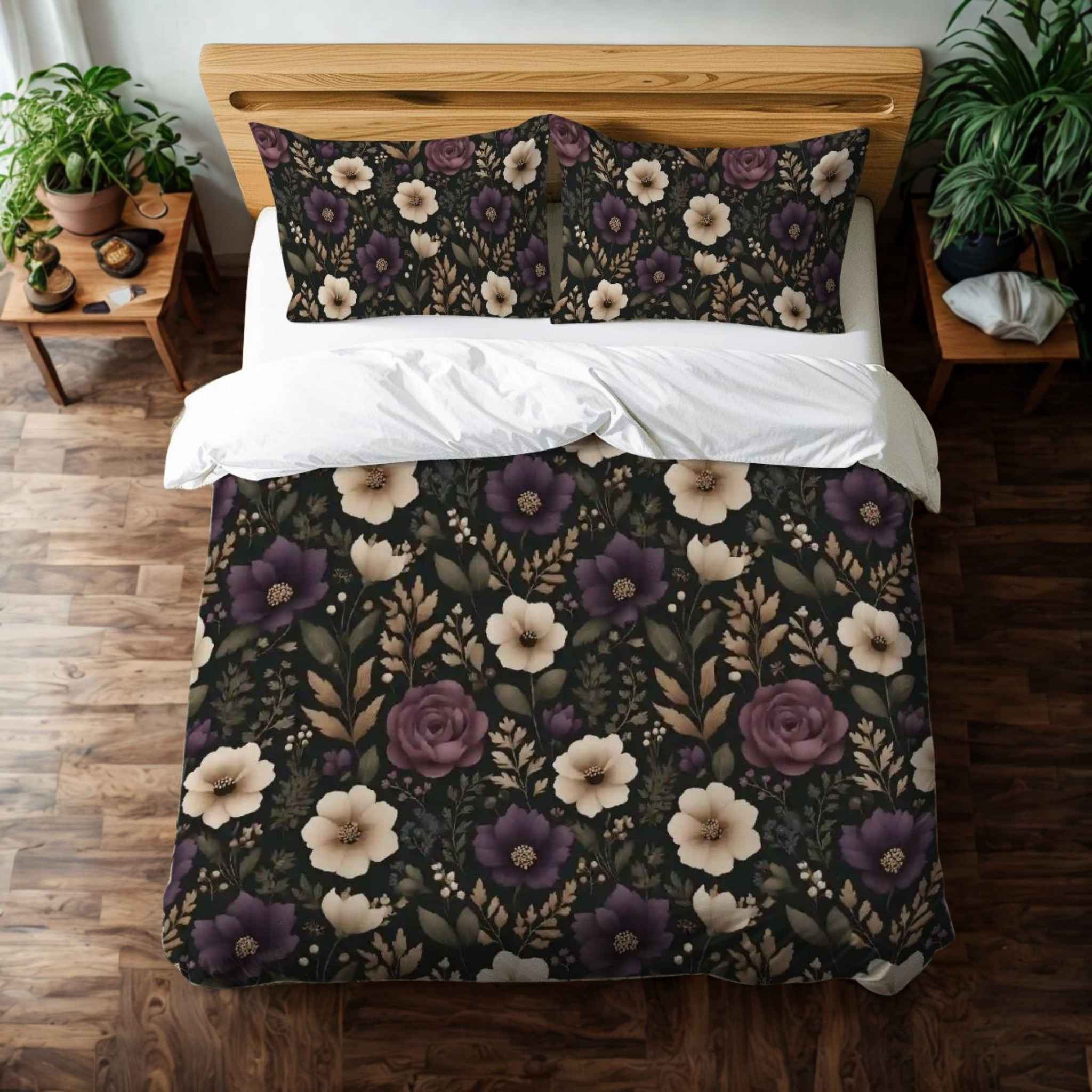 Floral bedding set with purple and beige flowers on a bed in a bedroom setting.