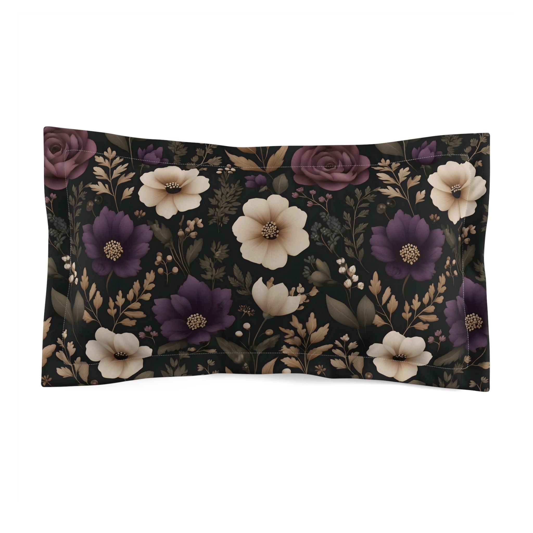 Floral patterned pillowcase with purple and white flowers on a black background
