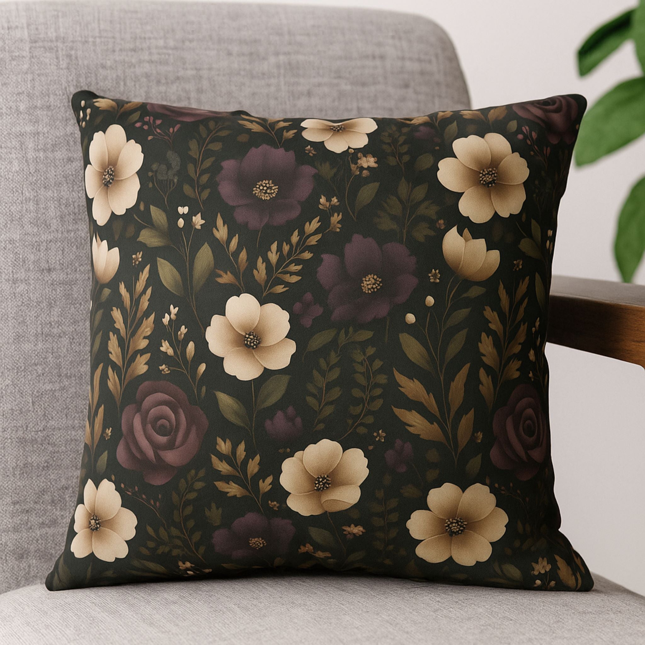 Floral patterned pillow on a gray sofa