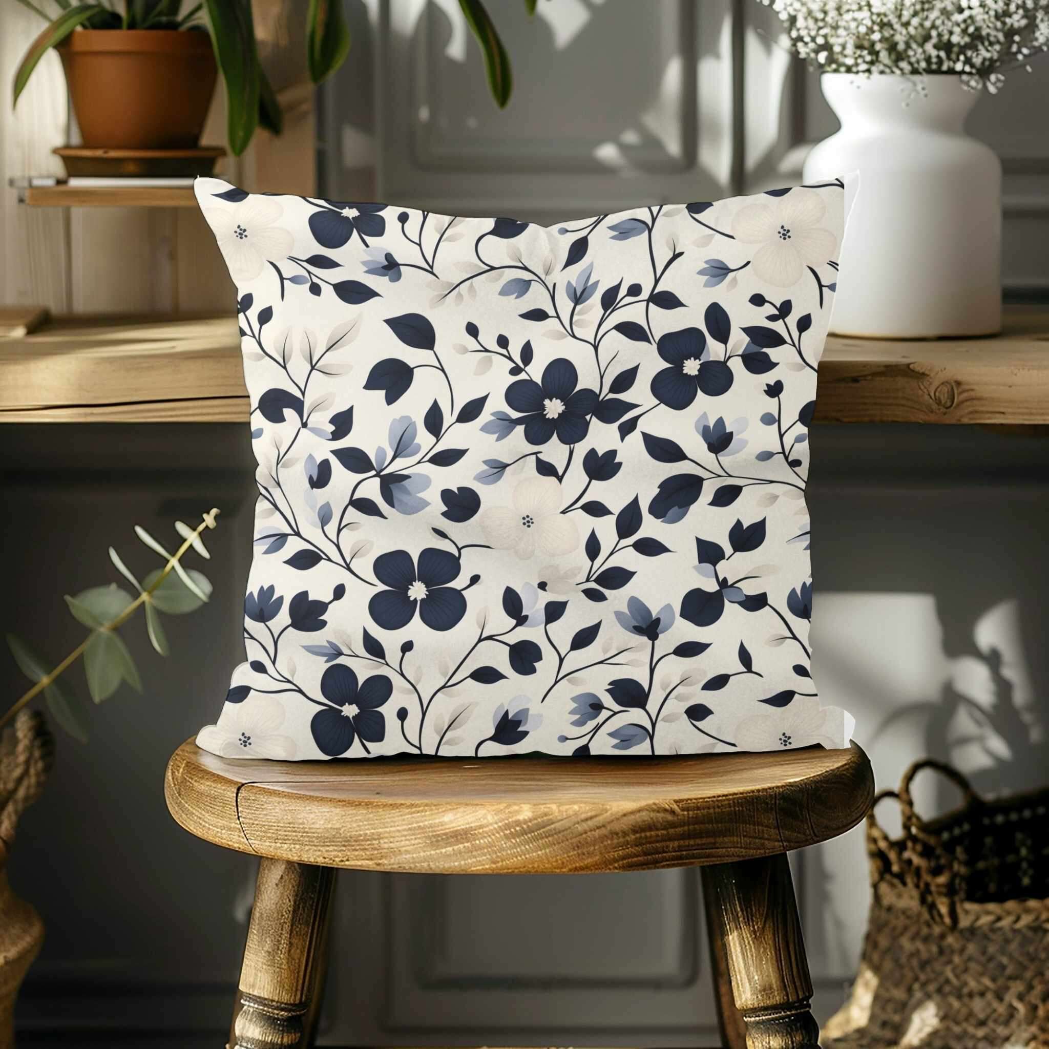 Floral Throw Pillow – Boho Navy Decor | Navy Bloomscape