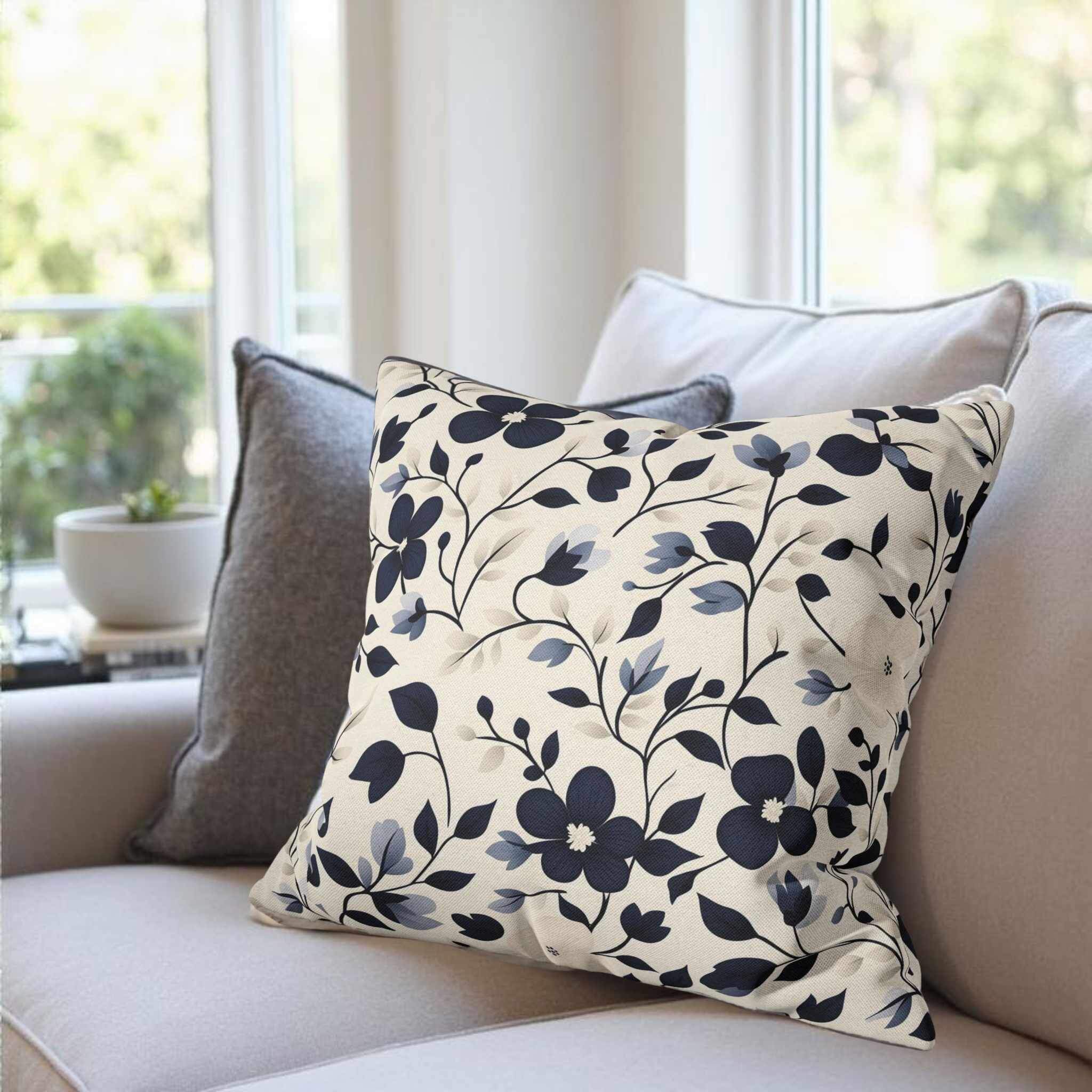 Floral Throw Pillow – Boho Navy Decor | Navy Bloomscape