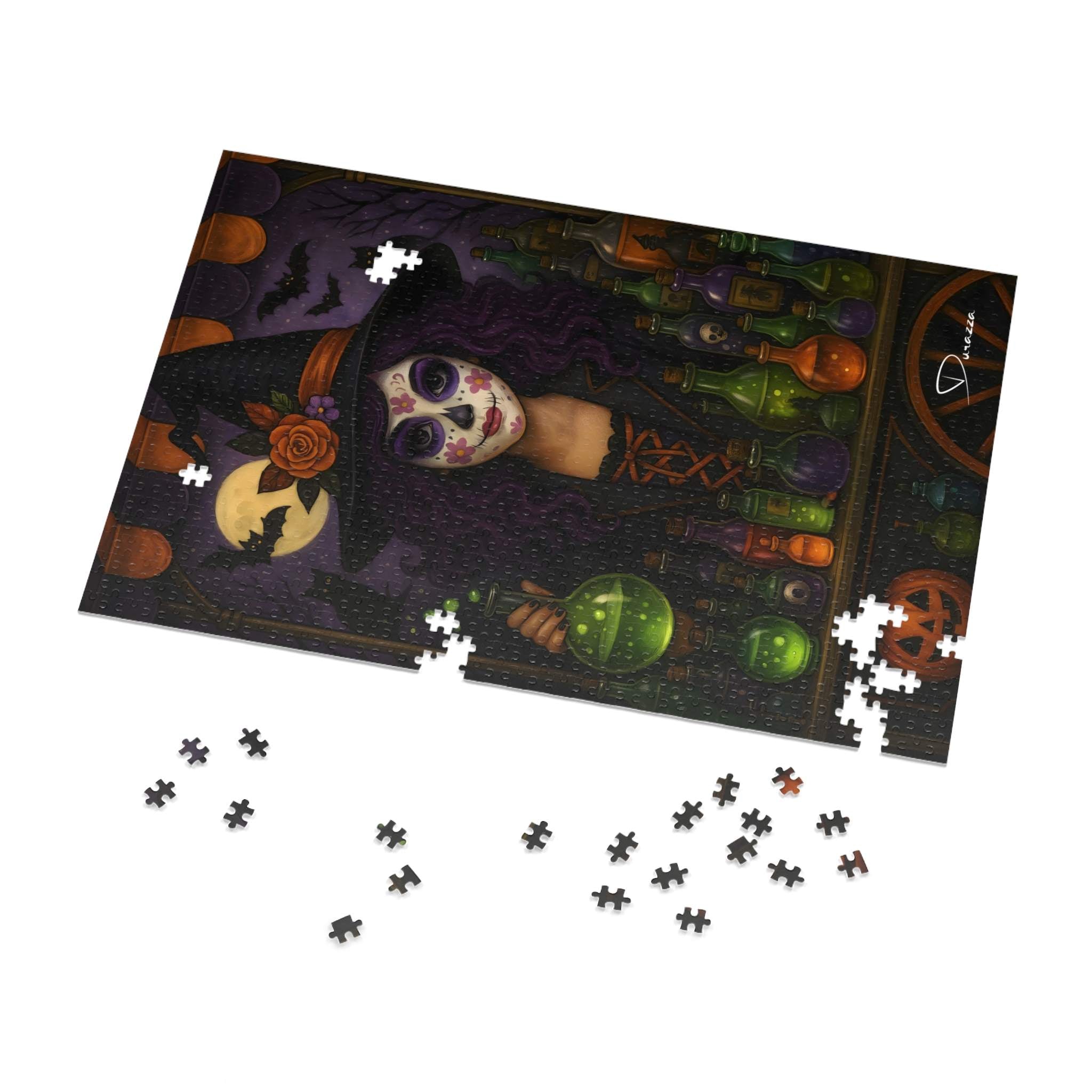 Halloween-themed puzzle with pieces scattered on a white background
