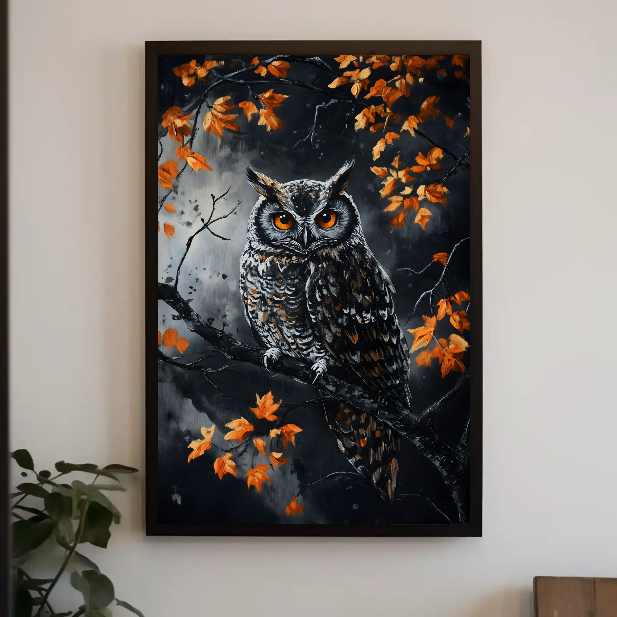 Orange Eyed Owl Wall Art: Goth Fantasy Painting