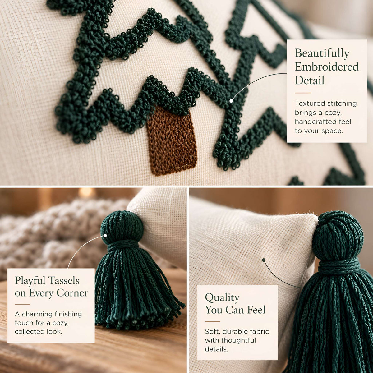 Close views of green tree embroidery, textured ivory fabric, and corner tassels on the lumbar pillow cover.