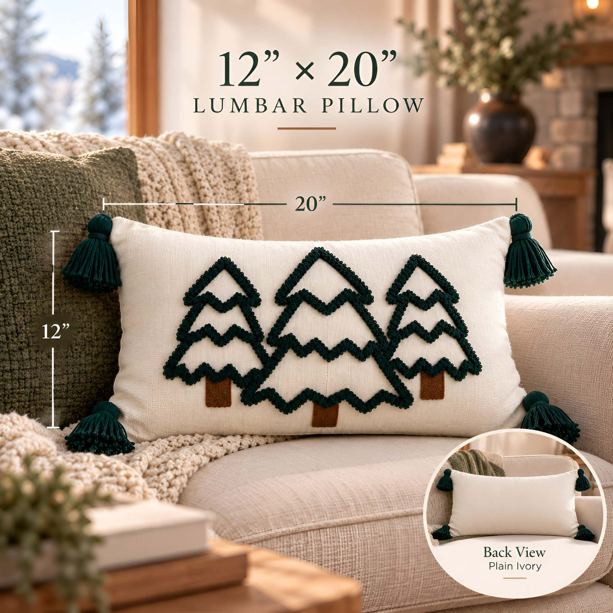 Size guide showing the 12 x 20 inch embroidered tree pillow cover, four tassels, and plain ivory back.