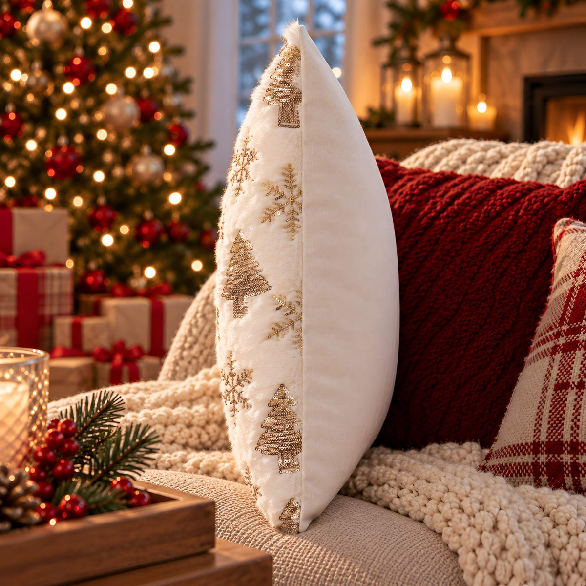Christmas Throw Pillow Cover, 18x18 or 12x20 | Gold Sequins