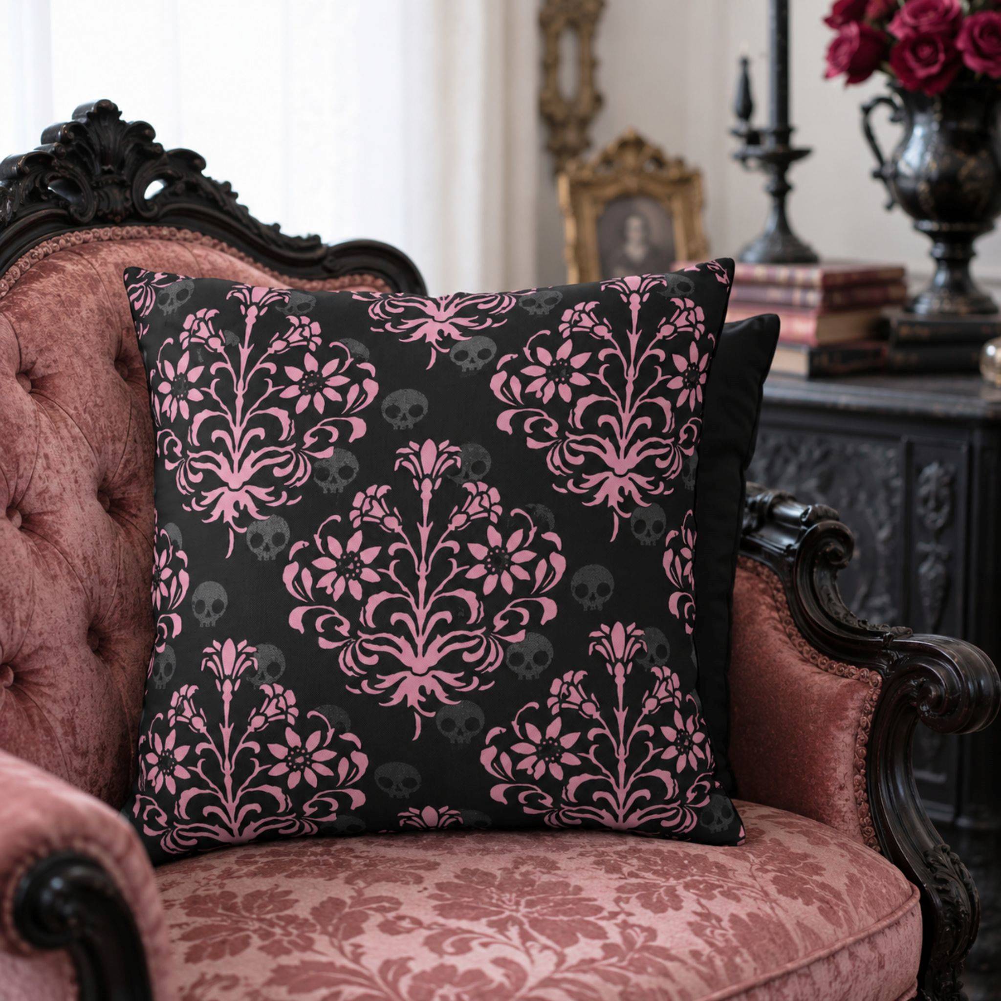 Victorian Gothic pink damask pillow cover styled with pink chair and dark room accent