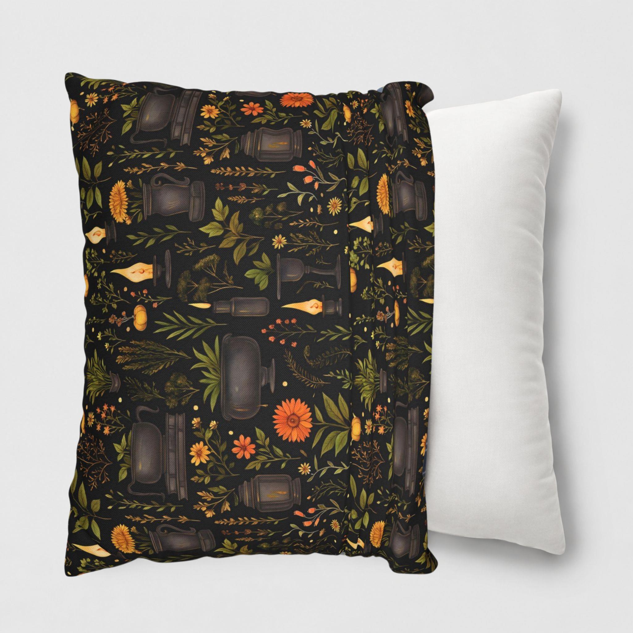 Gothic apothecary pillow cover with herbs and cauldron being slipped onto a throw pillow.