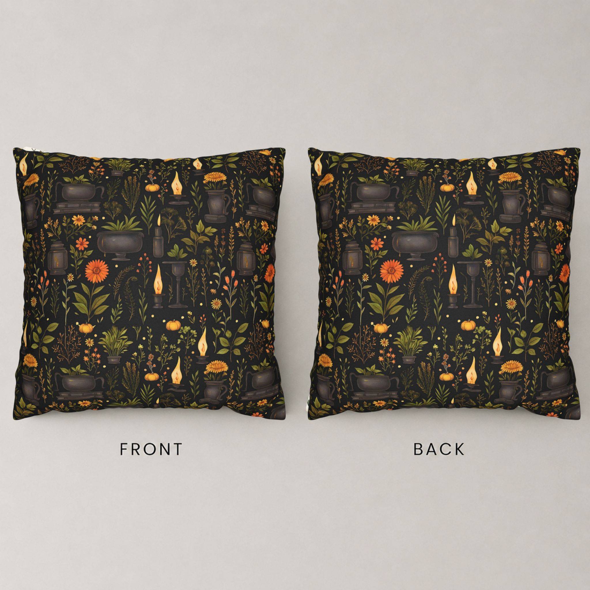 Gothic botanical pillow cover showing apothecary artwork on both sides.