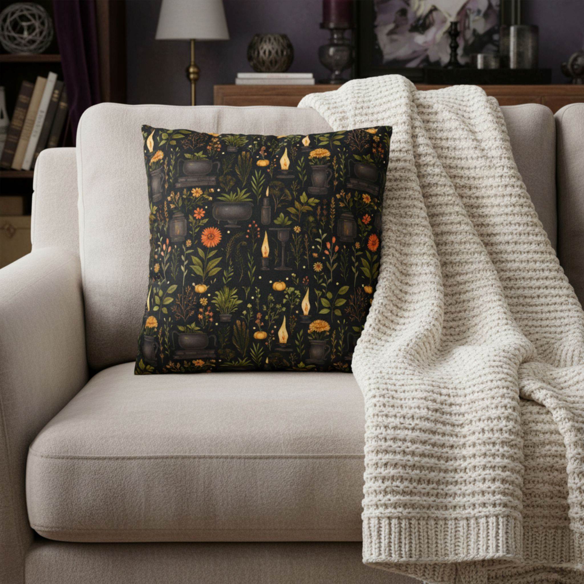 Gothic botanical pillow cover styled with neutral sofa, blanket, and warm decor.