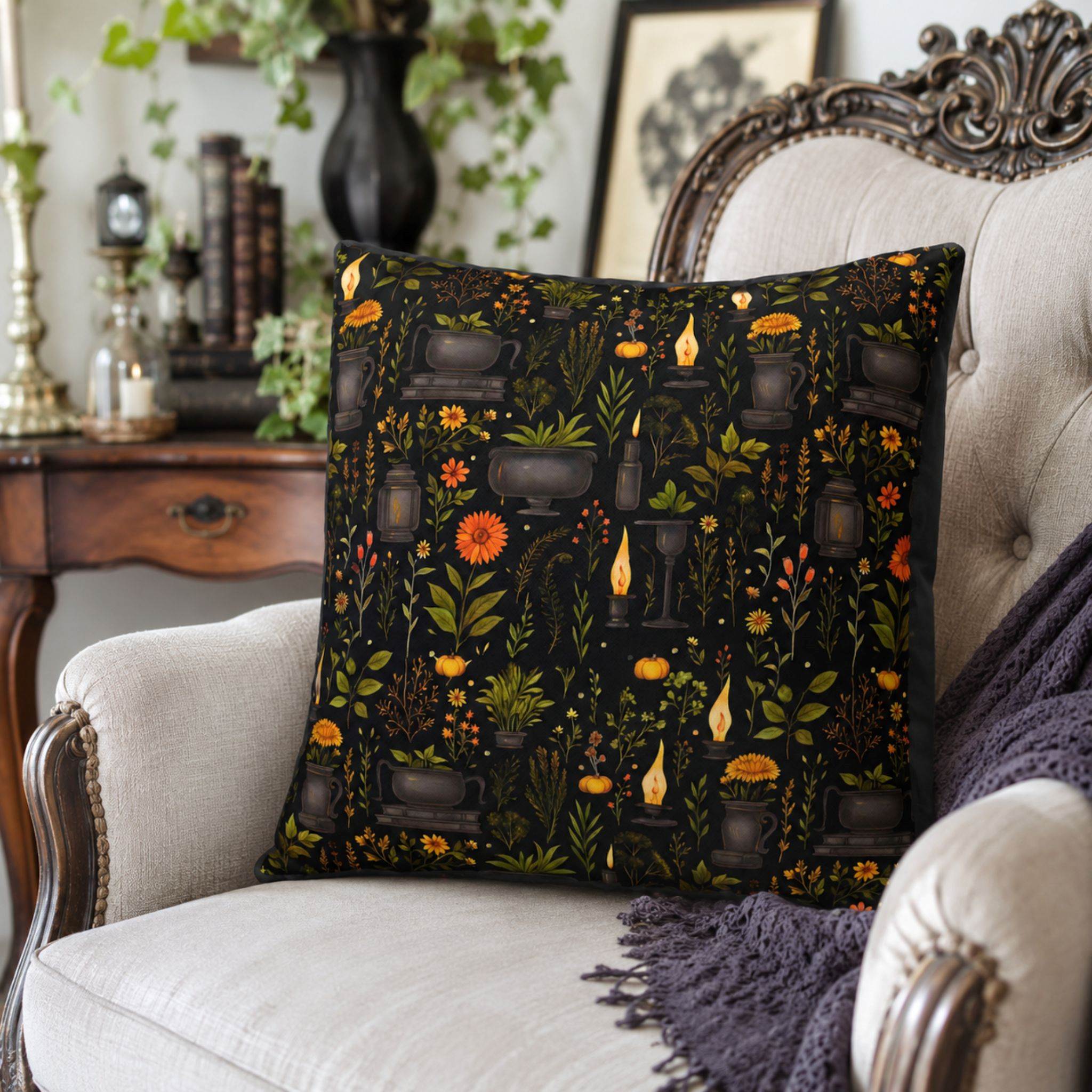 Gothic botanical pillow cover styled with plants, candles, and dark apothecary accents