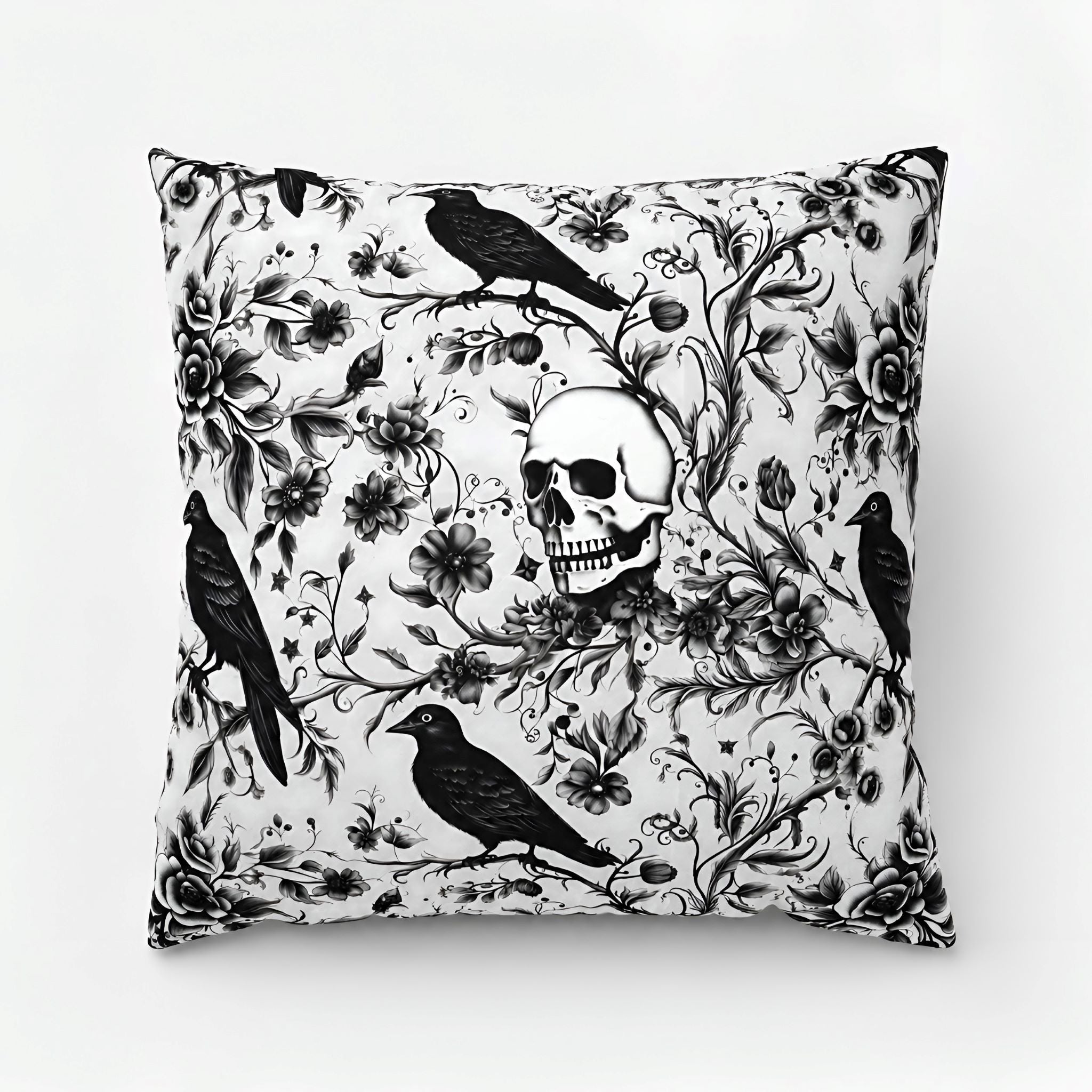 Black and white Gothic raven skull pillow cover with Victorian floral artwork.