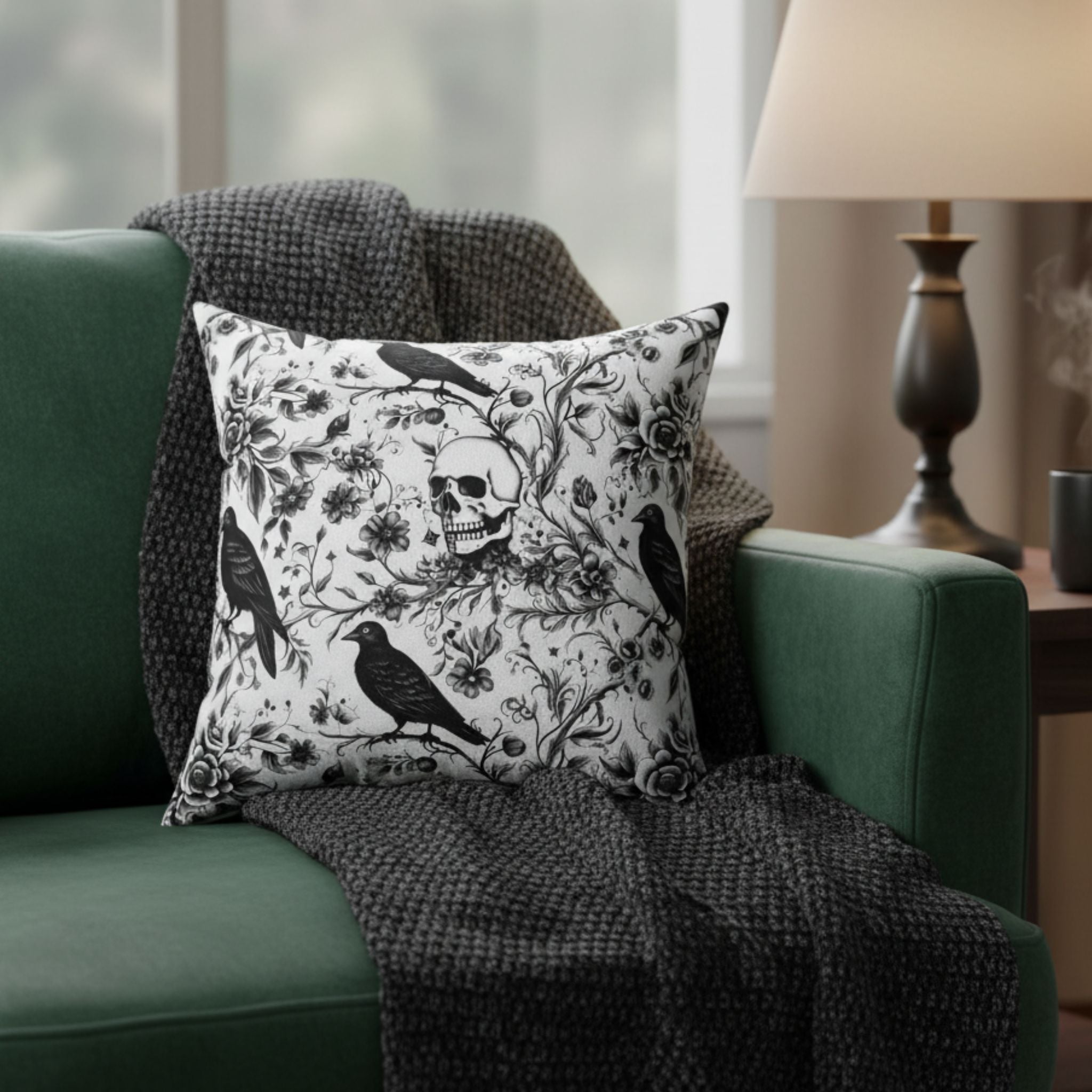 Raven Skull Gothic pillow cover styled on dark sofa with black and white floral raven design