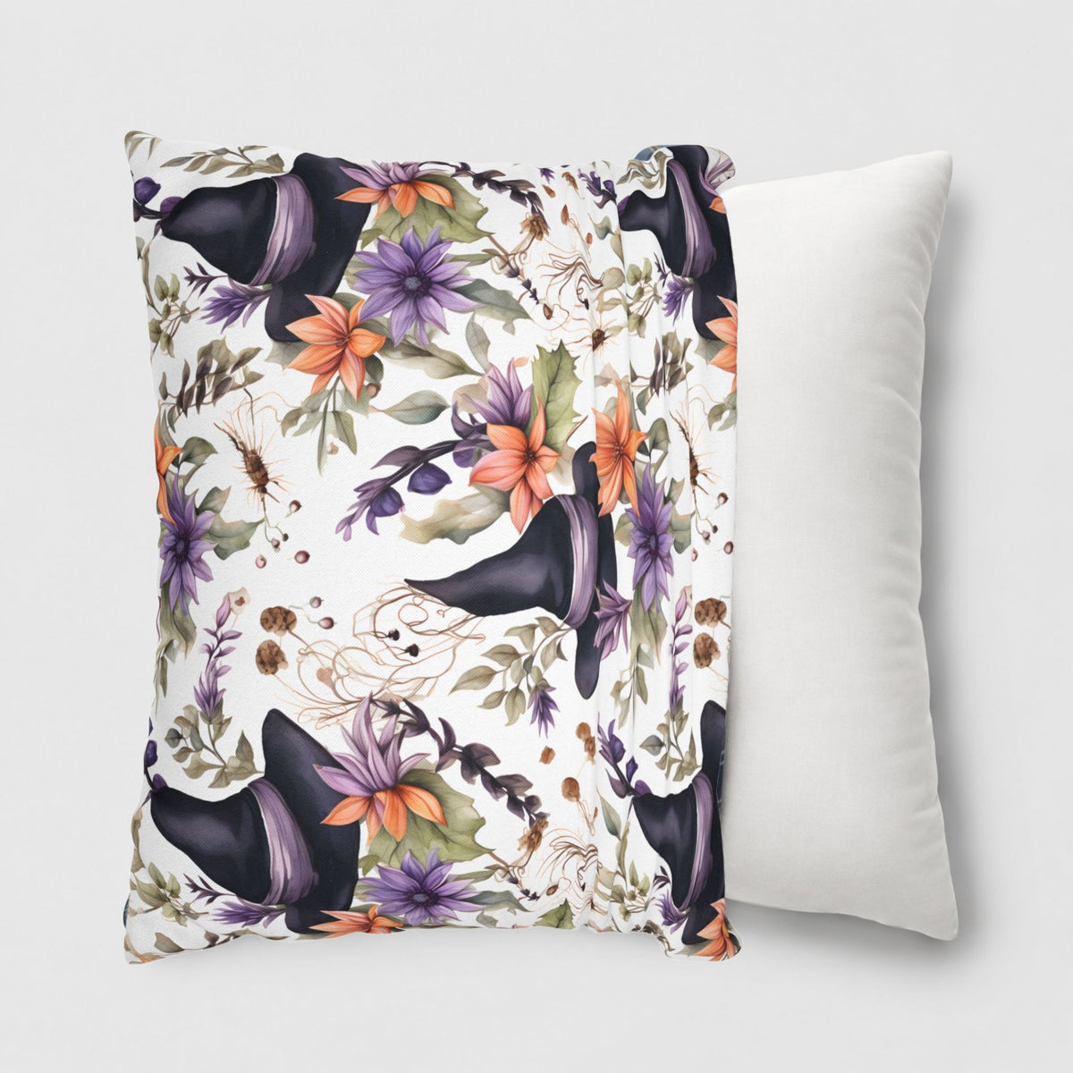 Witch hat Halloween pillow cover being slid onto a throw pillow.