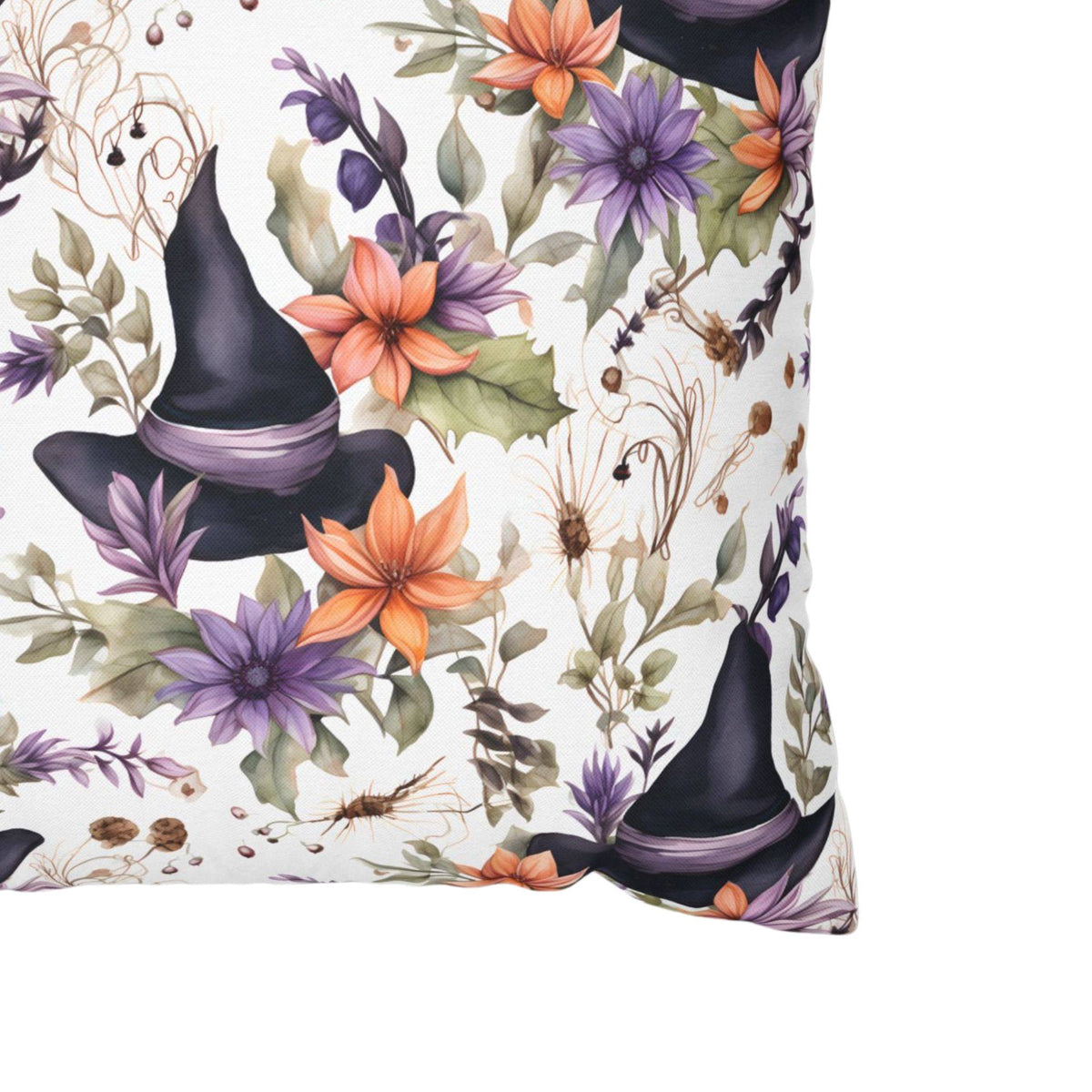 Watercolor witch hat pillow cover detail with orange flowers and botanicals.