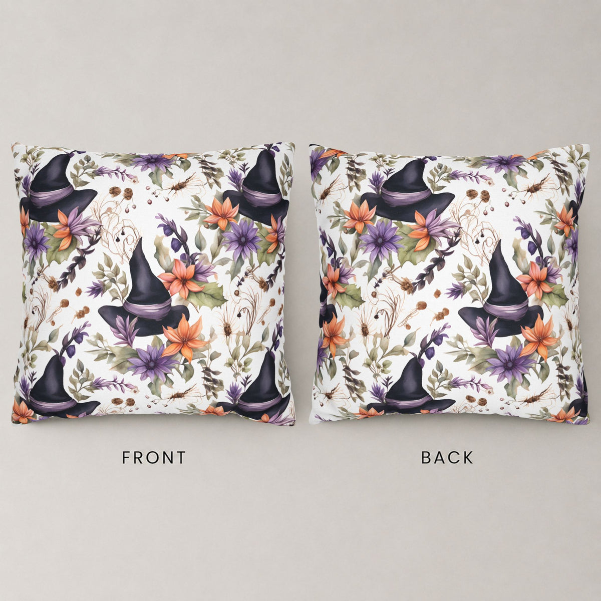 Whimsigoth pillow cover showing floral witch hat Halloween artwork on both sides.
