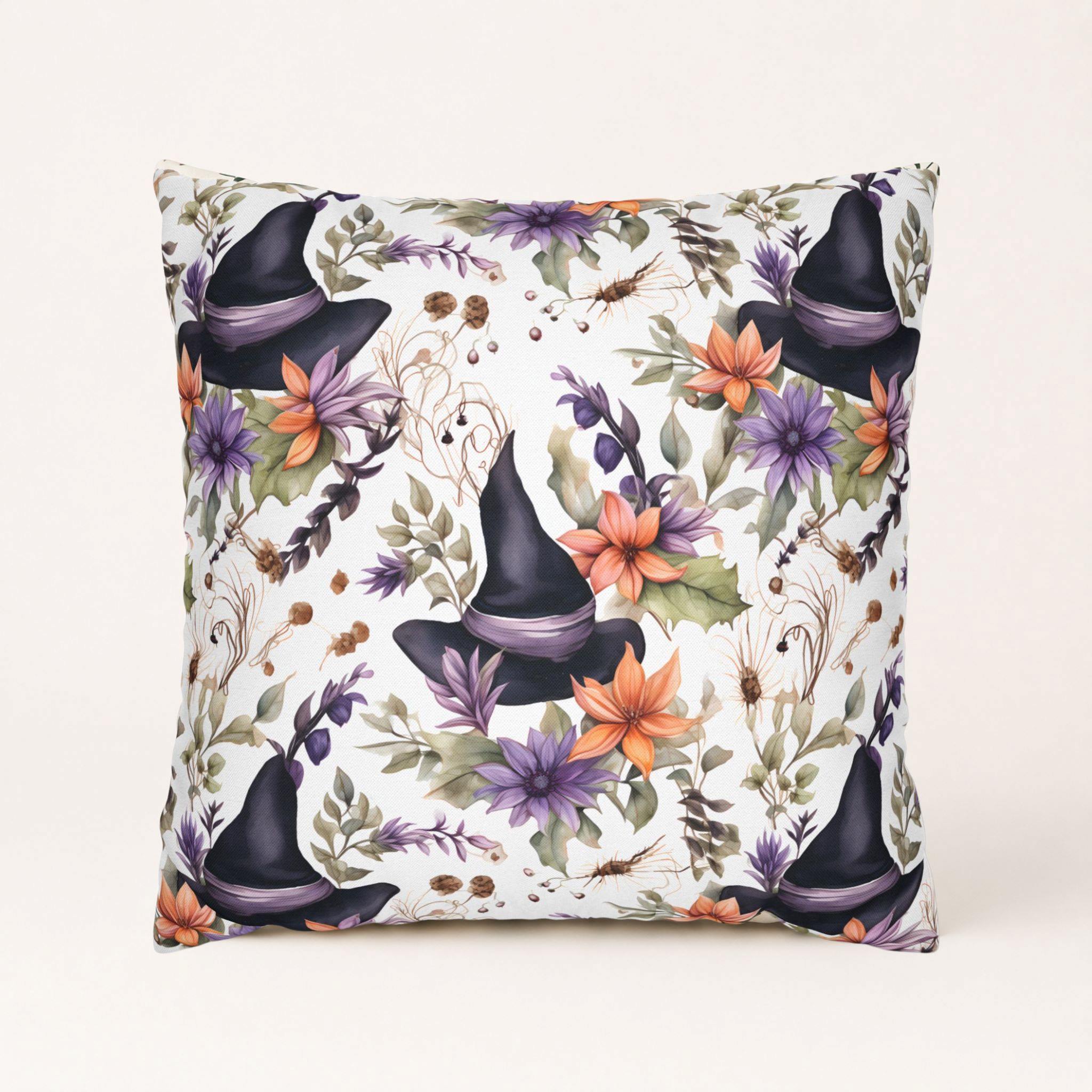 Whimsigoth witch hat pillow cover with watercolor blooms and botanical leaves.