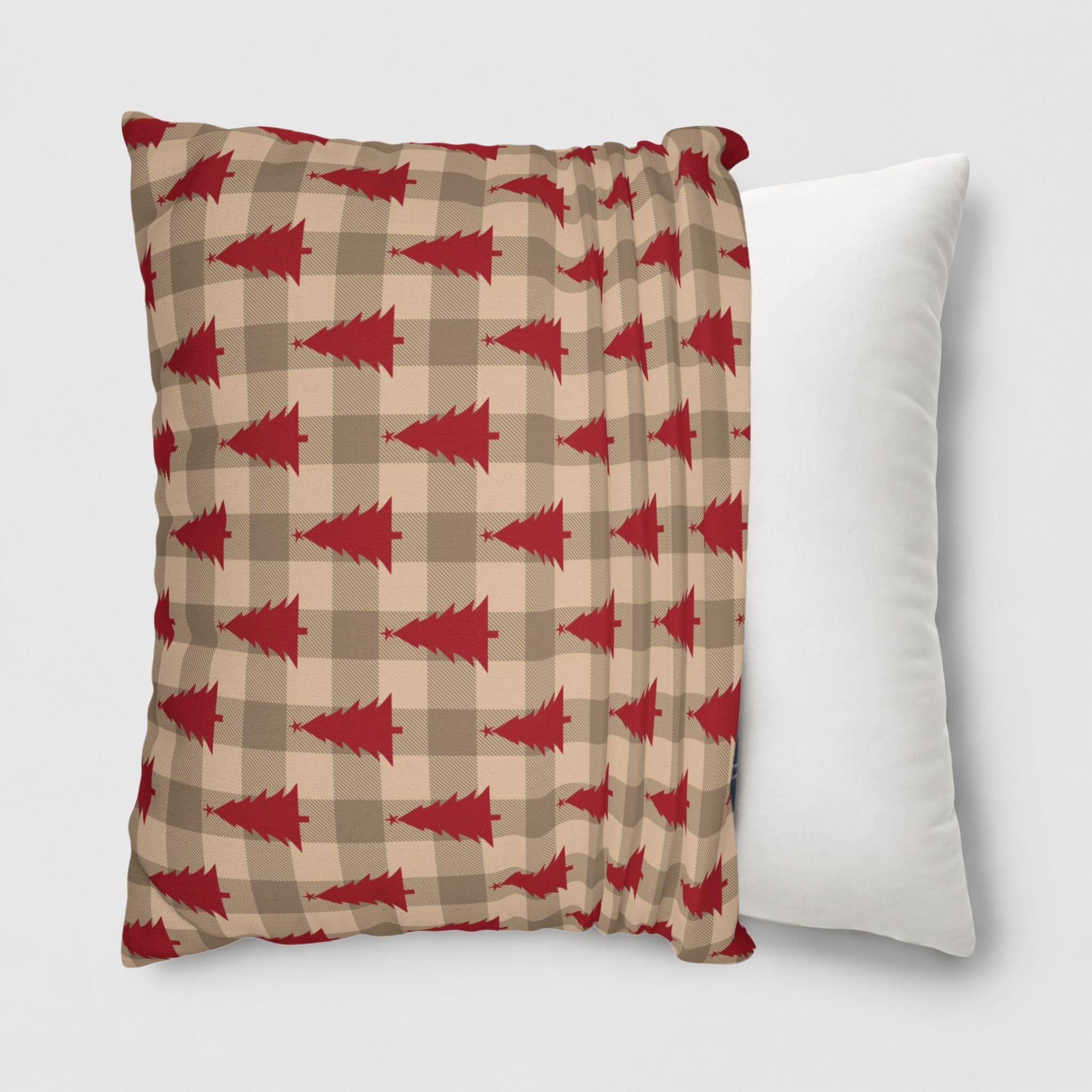 Christmas tree plaid pillow cover being slipped onto a throw pillow.