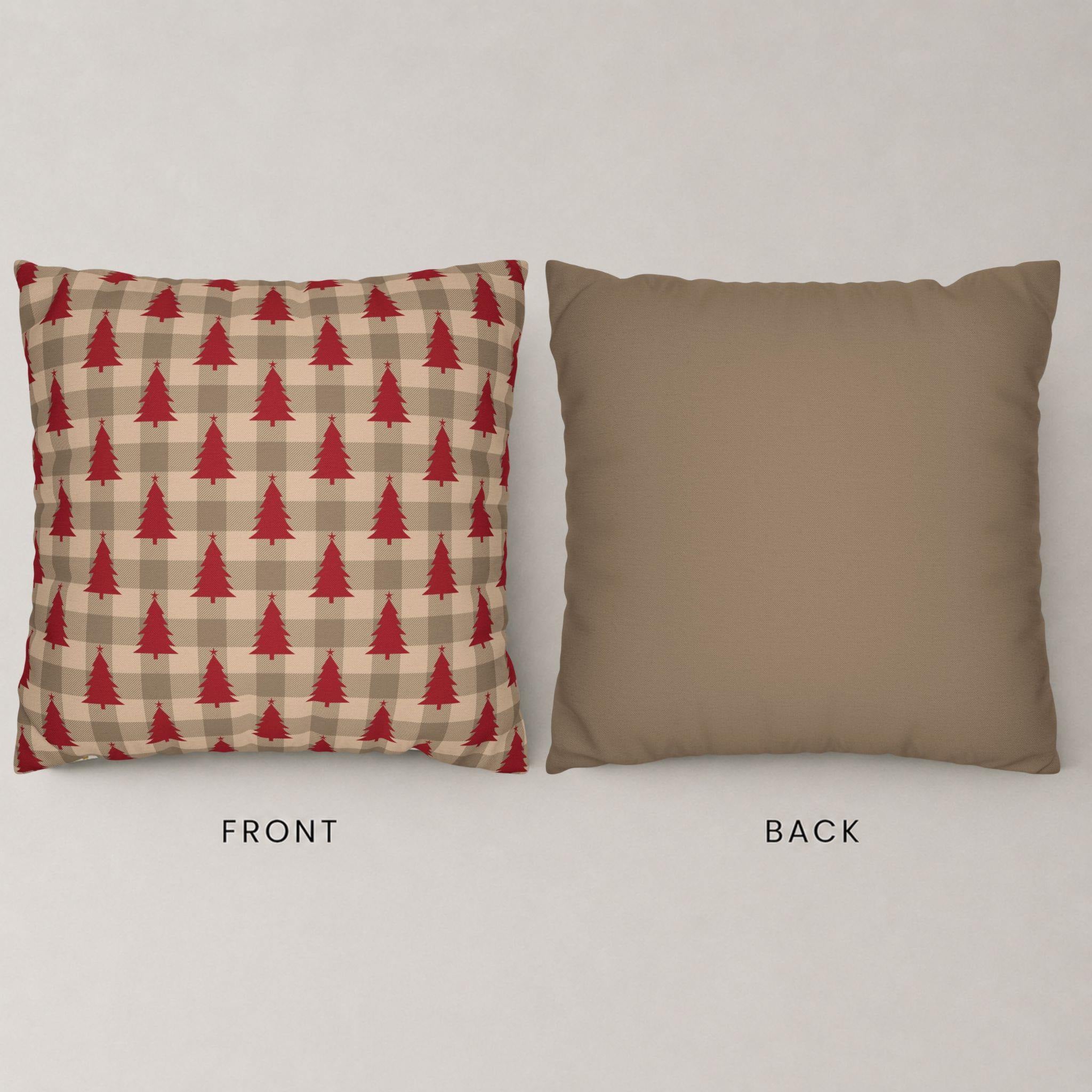 Red Christmas tree plaid pillow cover front and solid taupe back view