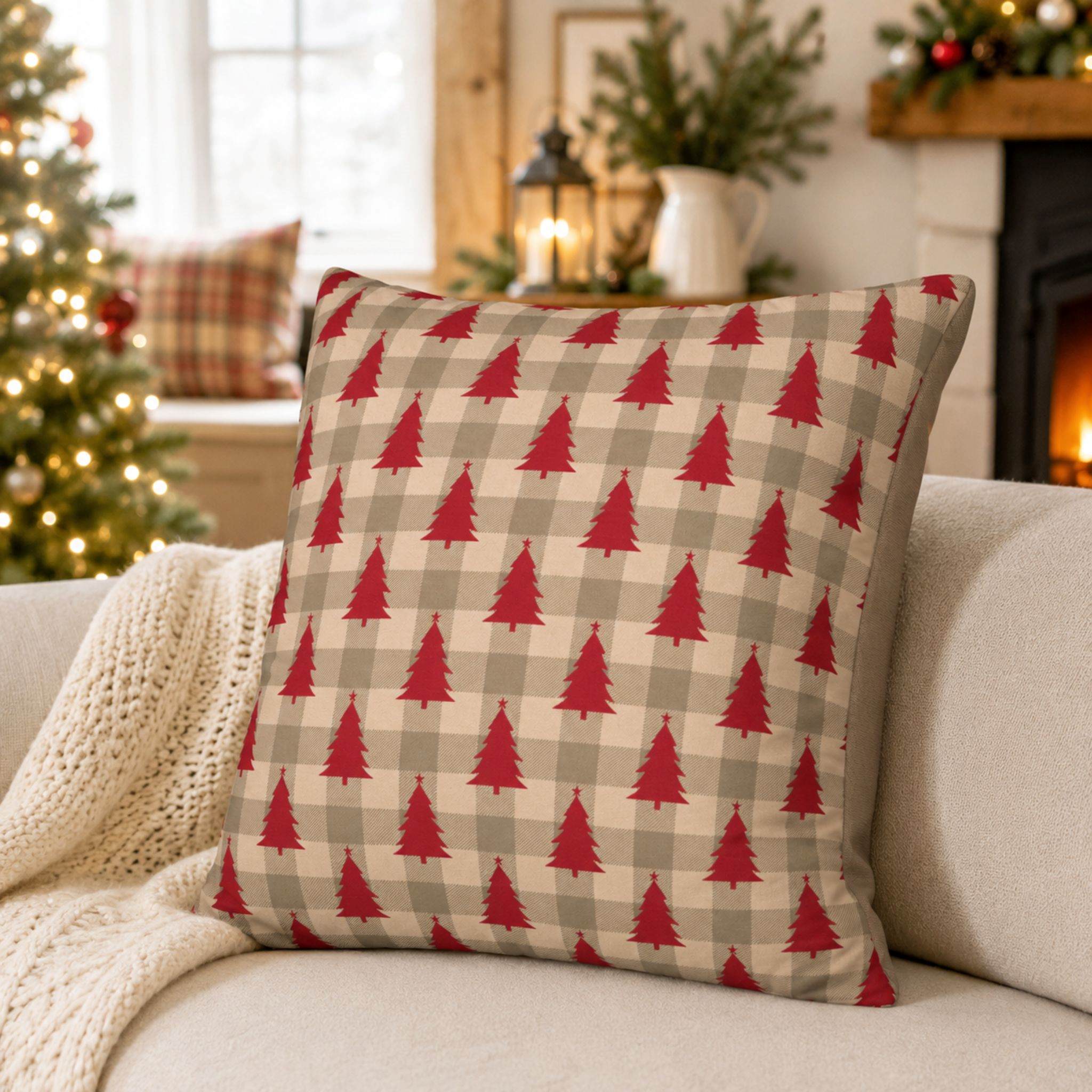 Holiday plaid pillow cover styled with cozy Christmas greenery and neutral sofa