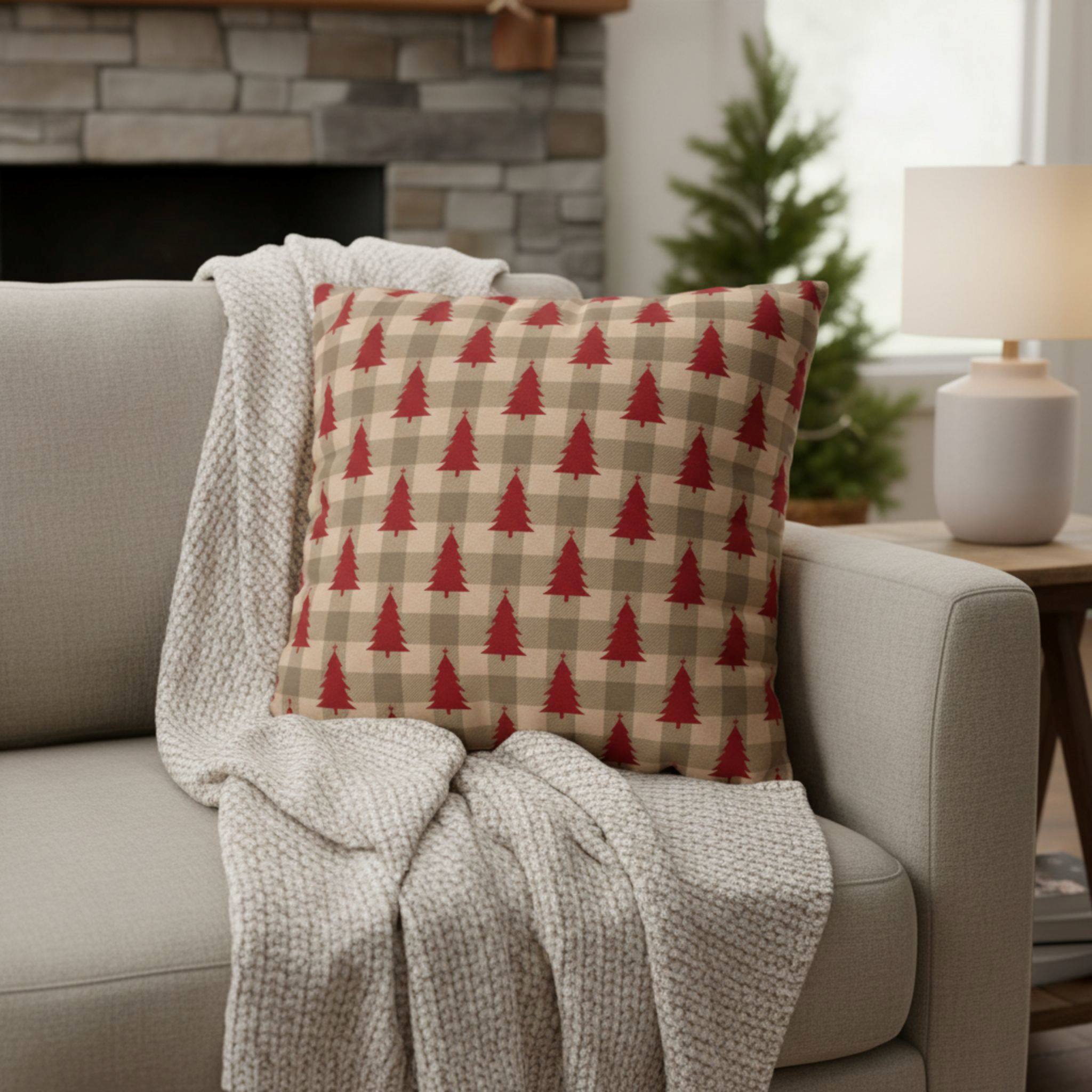 Snowflake pillow cover styled with neutral chair, knit throw, and warm firelight.
