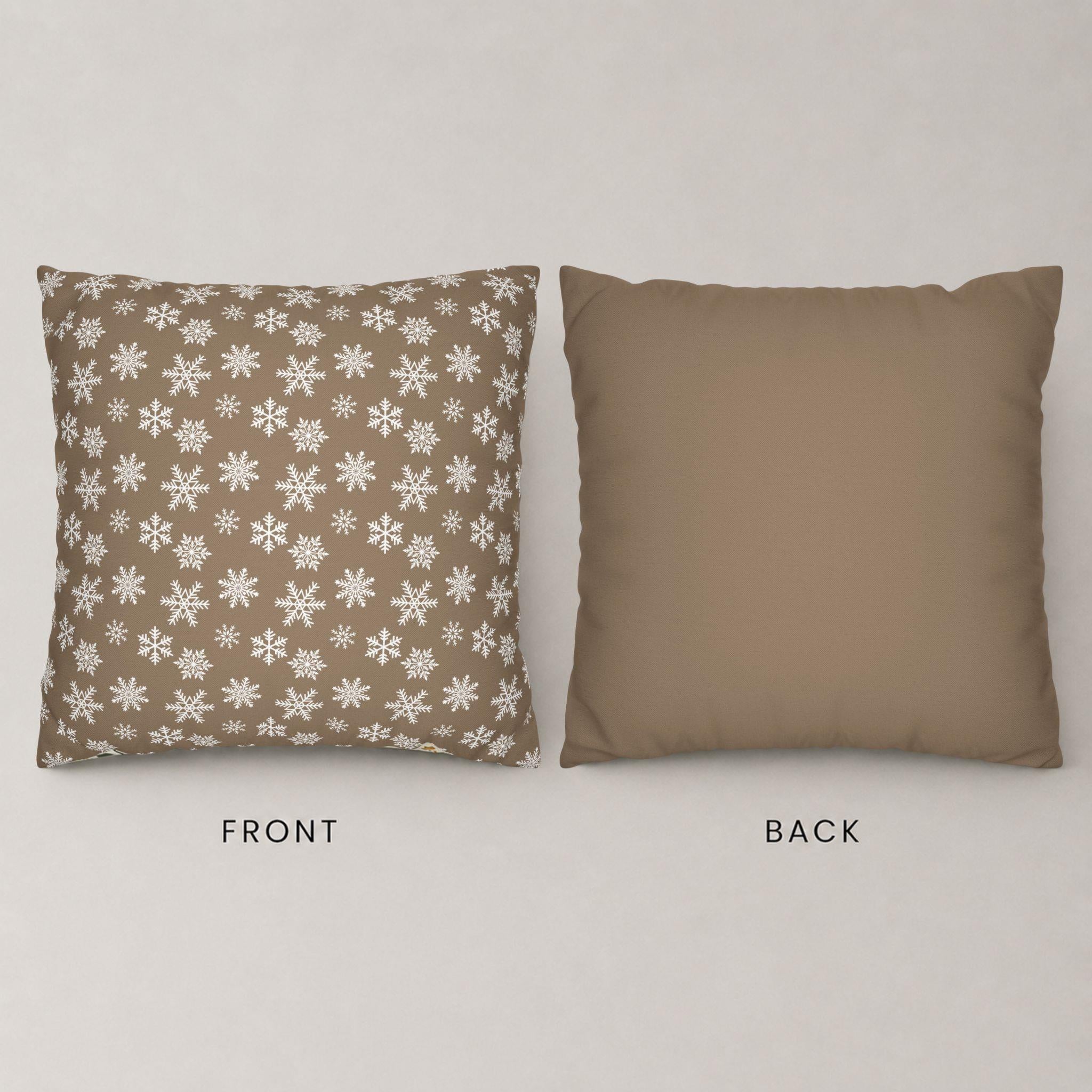 Winter pillow cover showing snowflake artwork front and taupe back.