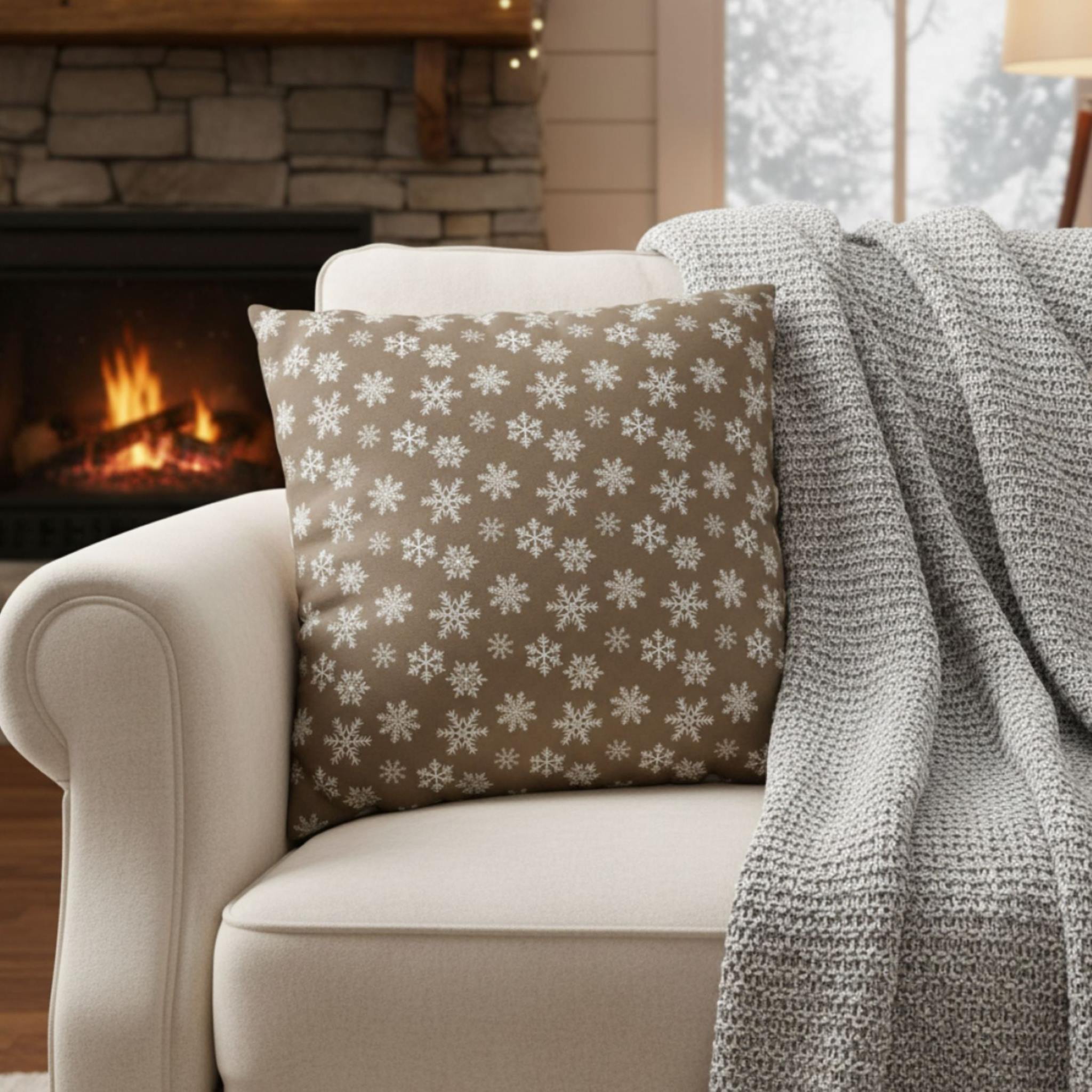 Cozy winter living room with a snowflake pillow cover styled with neutral chair, knit throw, and warm firelight