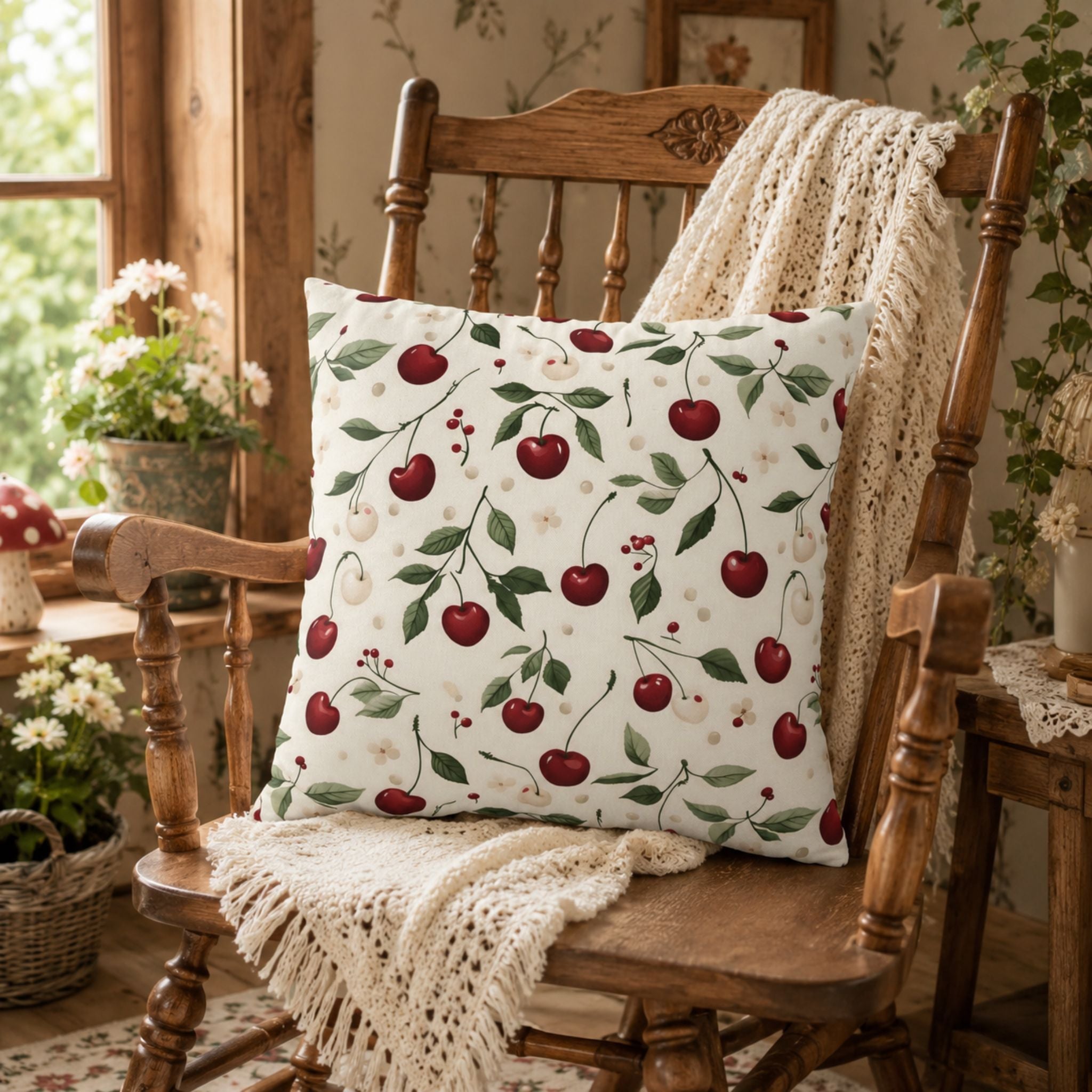 Cherry pattern throw pillow sitting on a wooden rocking chair in a cottage home.