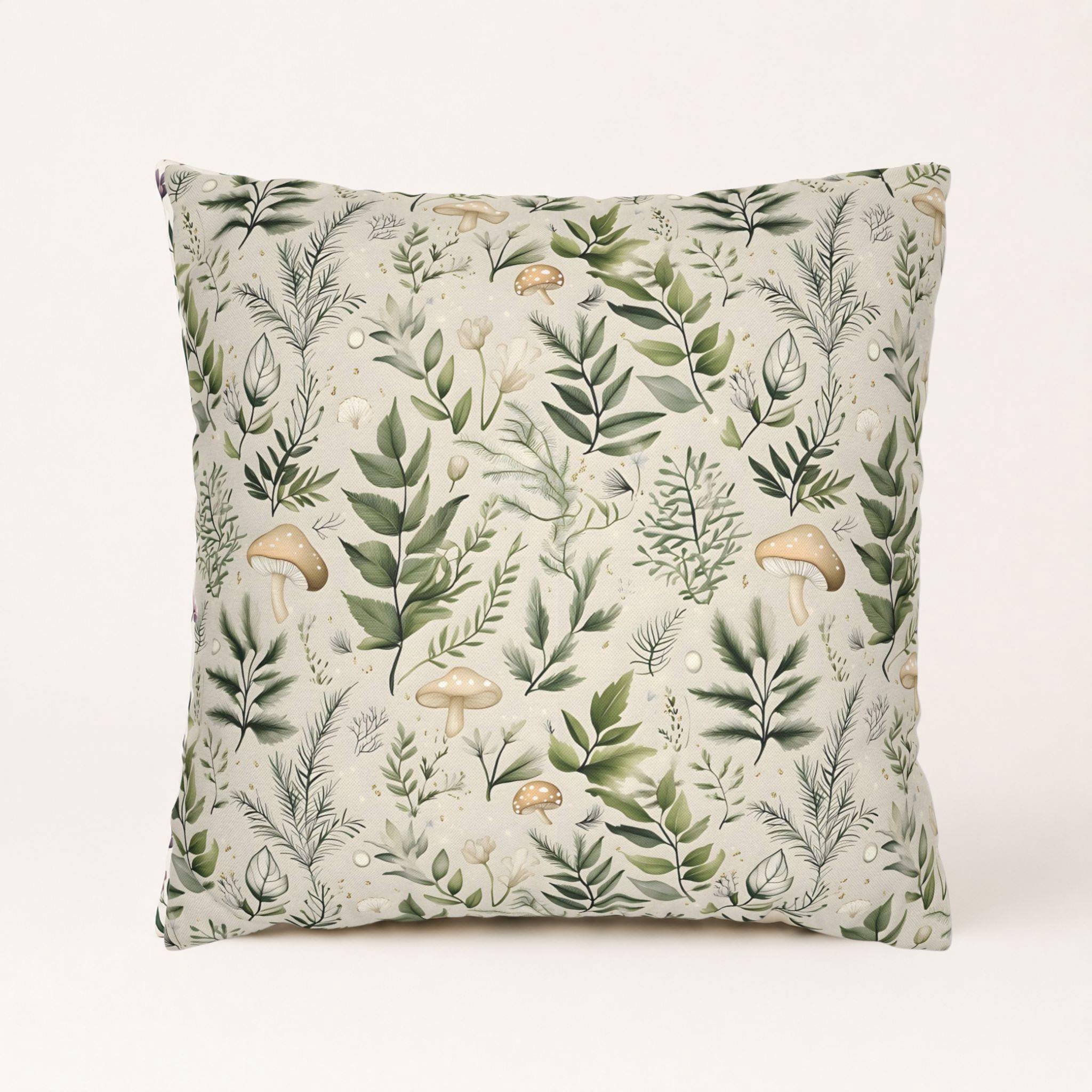 Mushroom fern pillow cover with sage leaves and cream mushrooms on ivory polyester fabric.