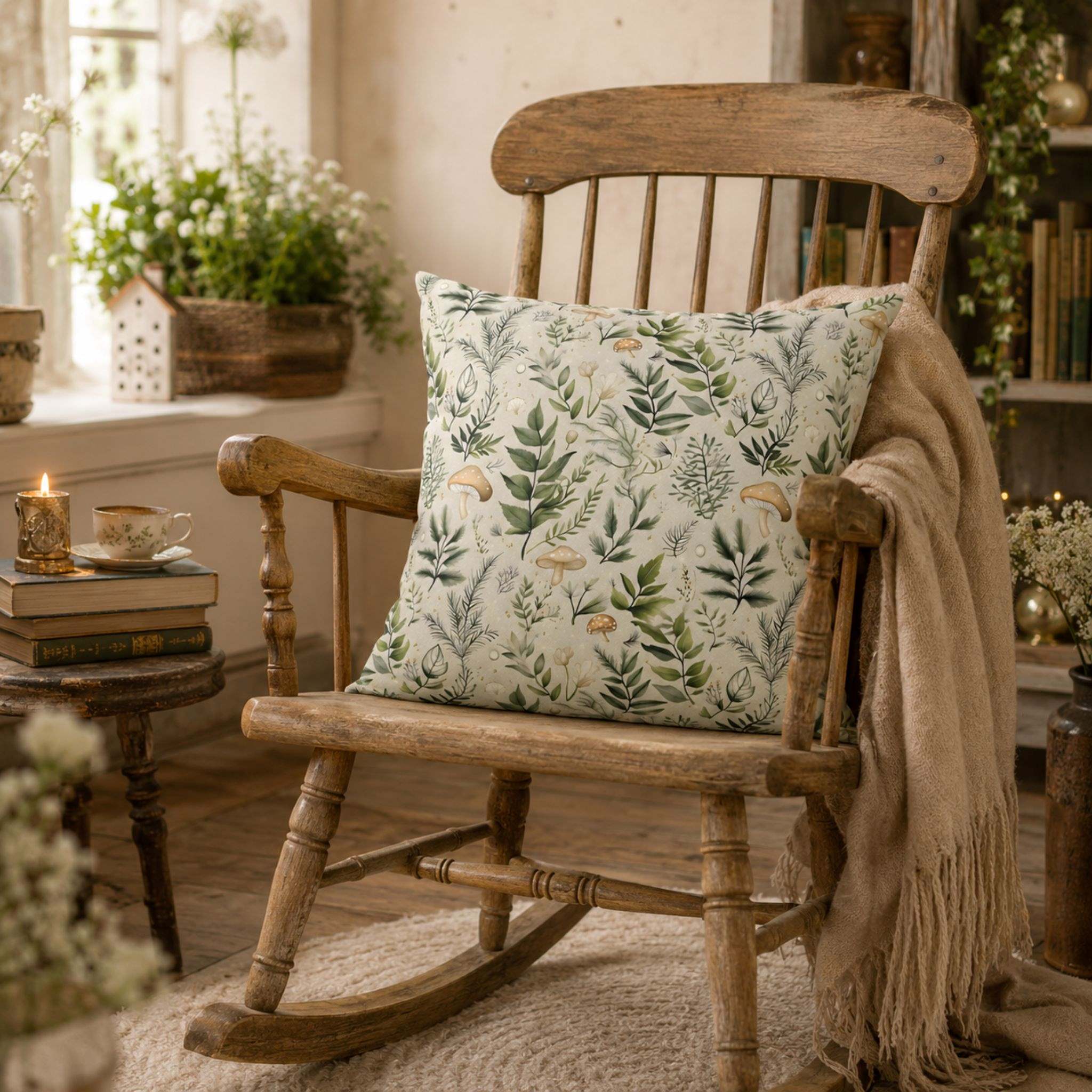 Mushroom fern pillow cover styled on a wicker chair in a cozy cottage room.