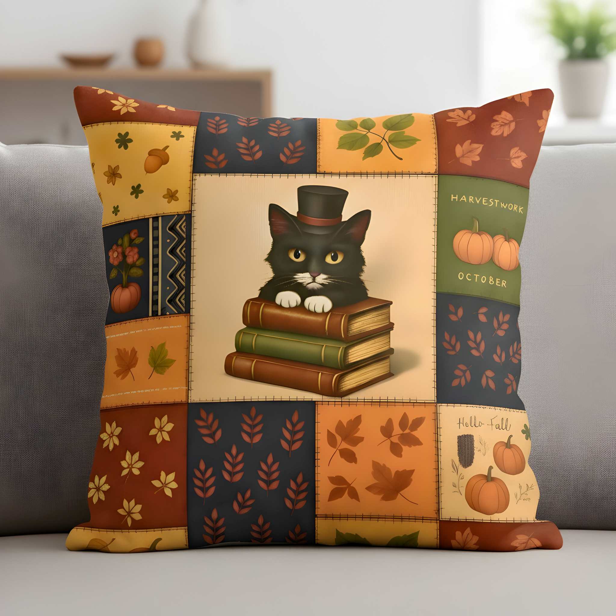 Decorative pillow with a black cat design on a patchwork background
