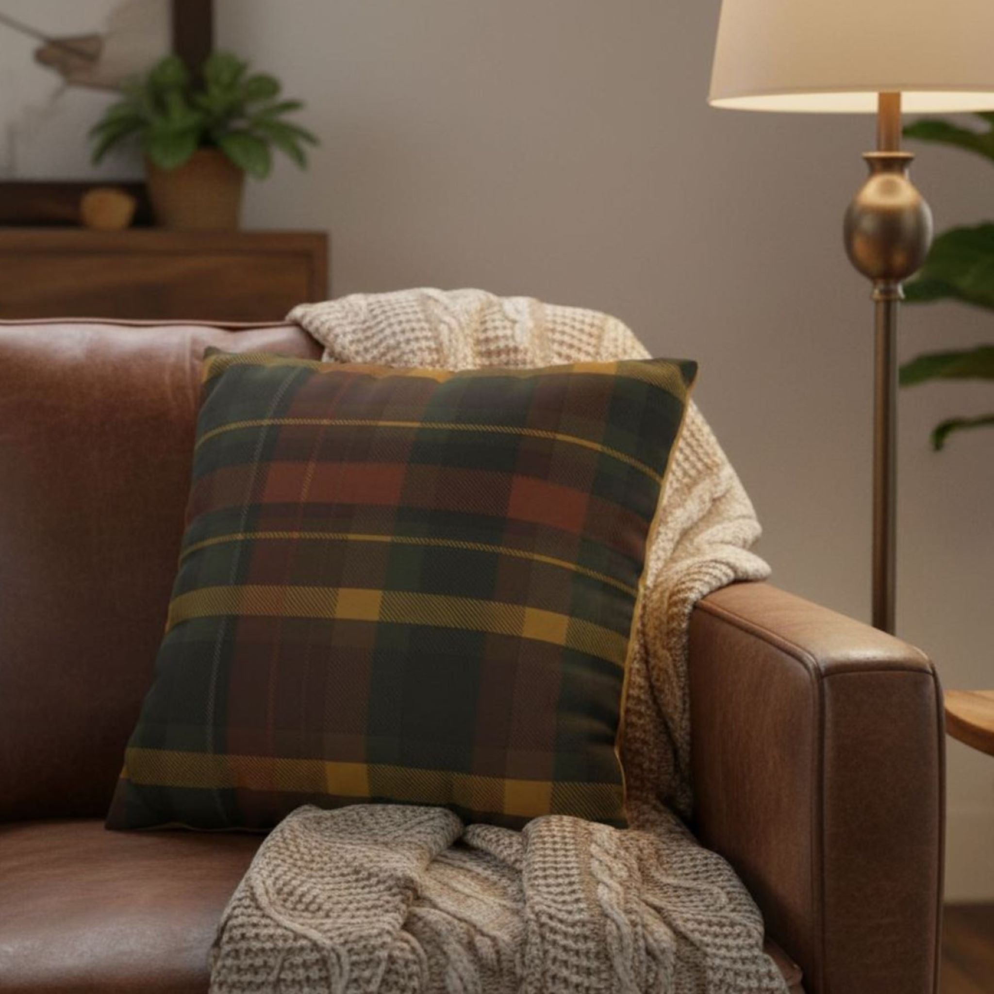 Plaid pillow cover on a pillow and on a brown leather couch with a lamp and a plant.