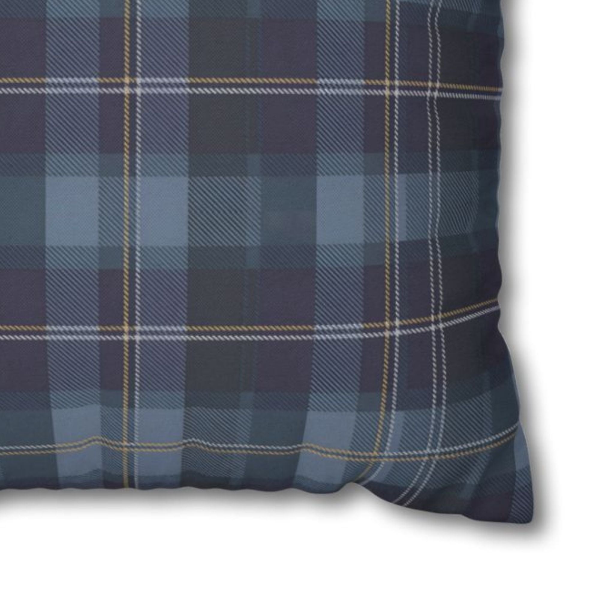 Close up of tartan pattern pillow cover in blue, white and yellow.