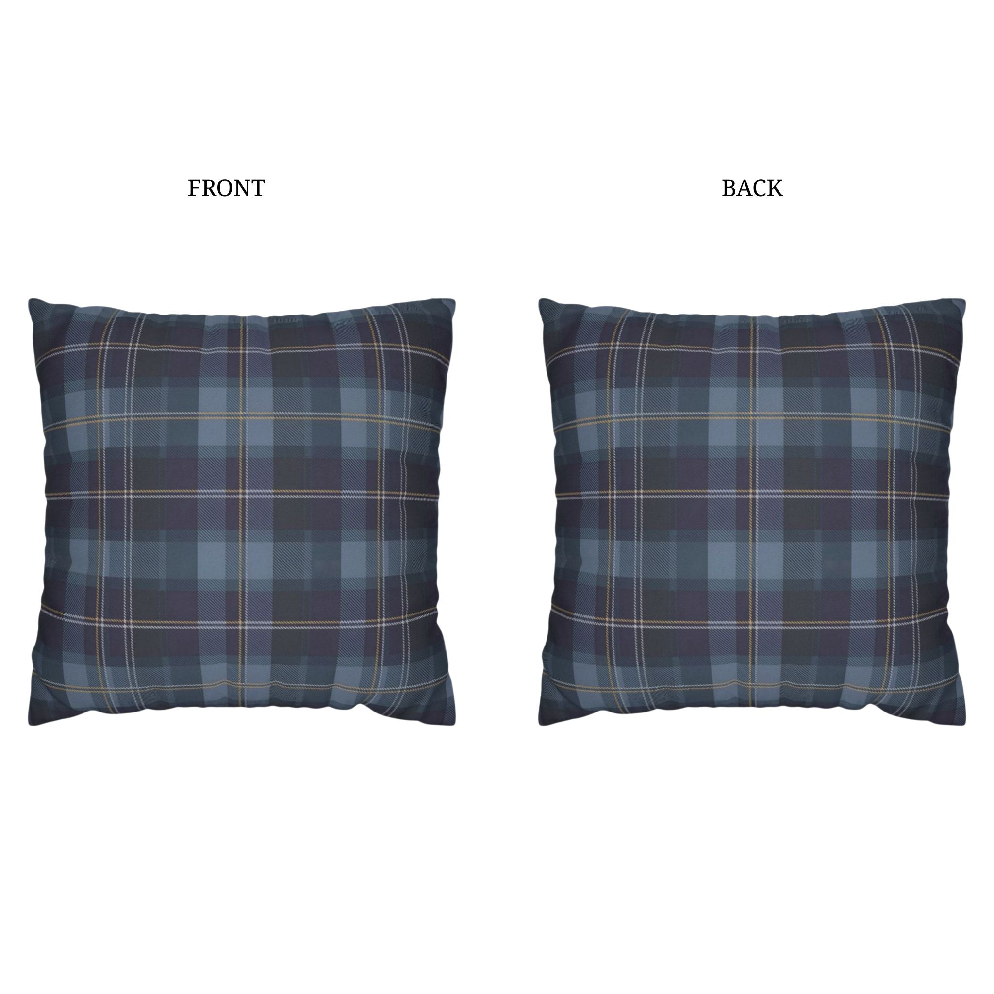 Blue plaid patterned pillow showing front and back on a white background