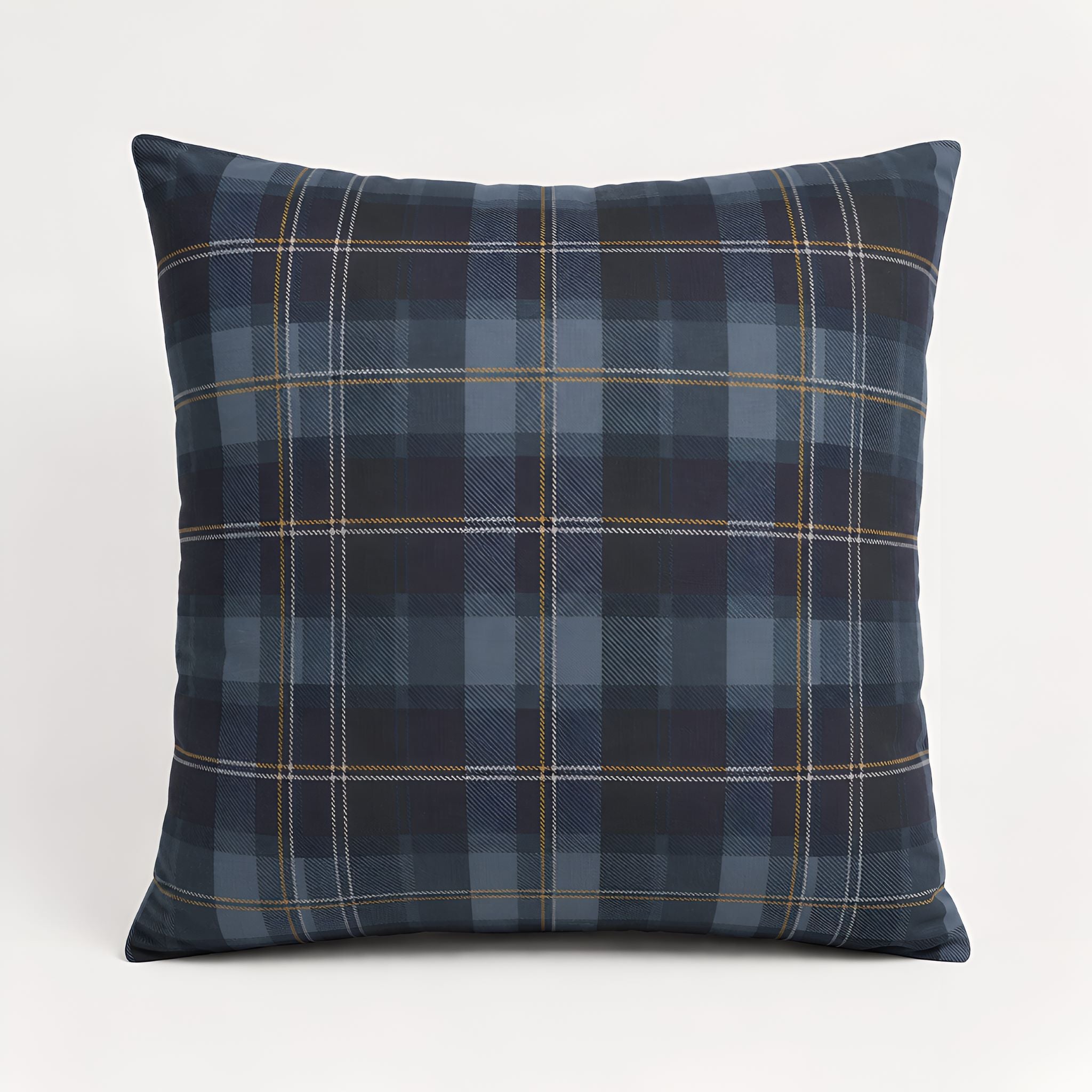 Plaid pillow with blue and gray pattern on a white background