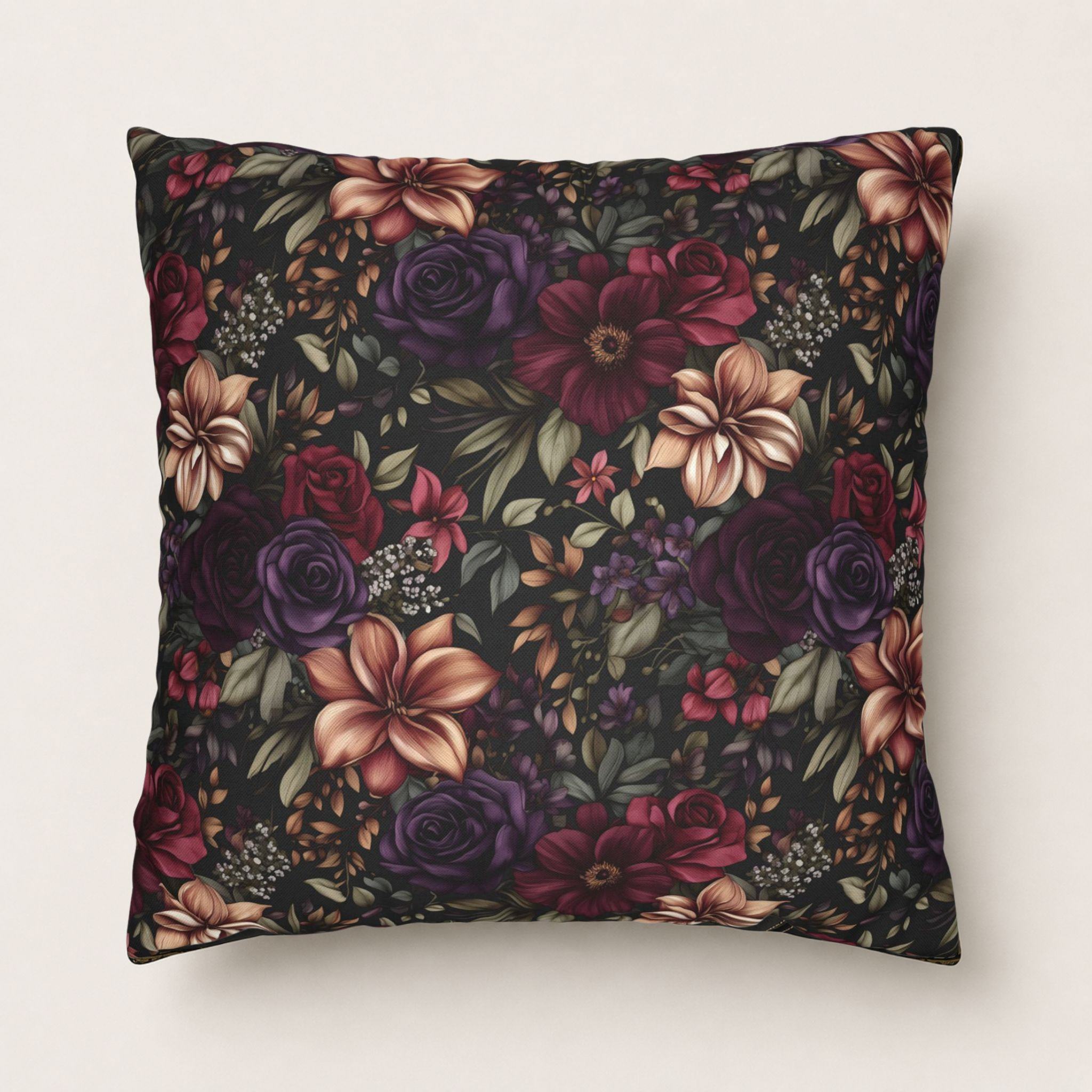 Red and purple flower pillow cover.